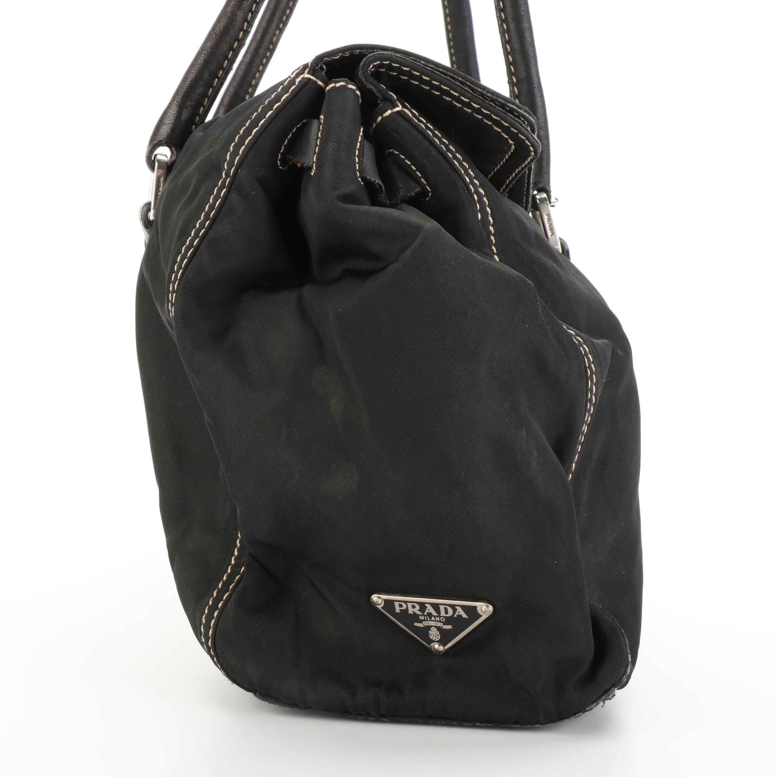 Prada Twist-Lock Satchel Handbag in Black Nylon Tessuto and Lambskin Leather