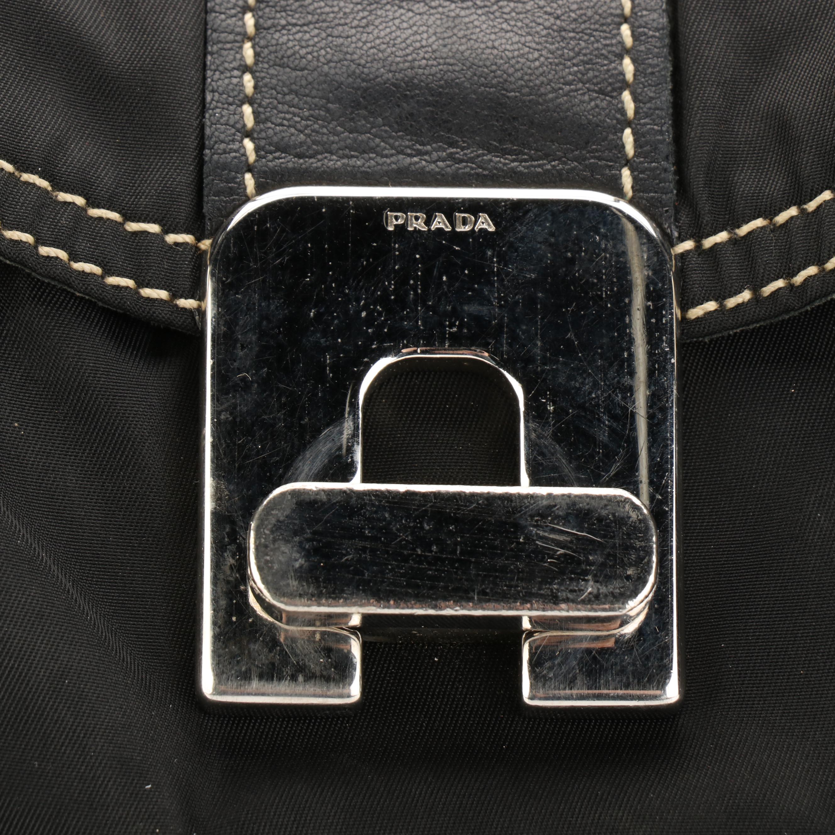 Prada Twist-Lock Satchel Handbag in Black Nylon Tessuto and Lambskin Leather