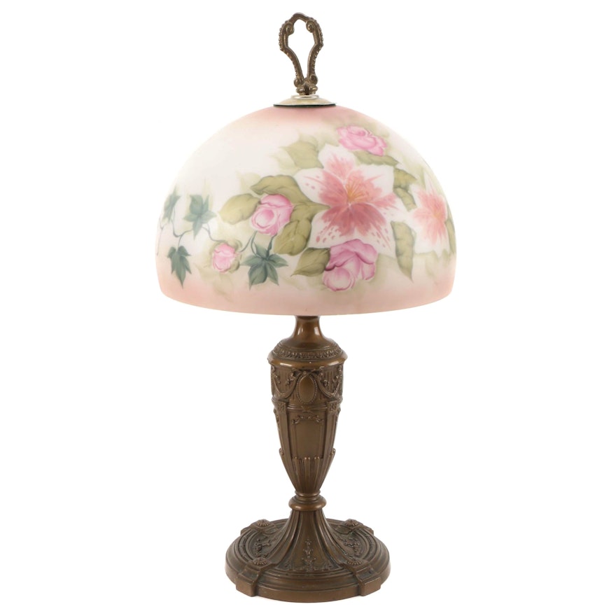 Neoclassical Style Bronzed Spelter and Hand-Painted Satin Glass Table Lamp