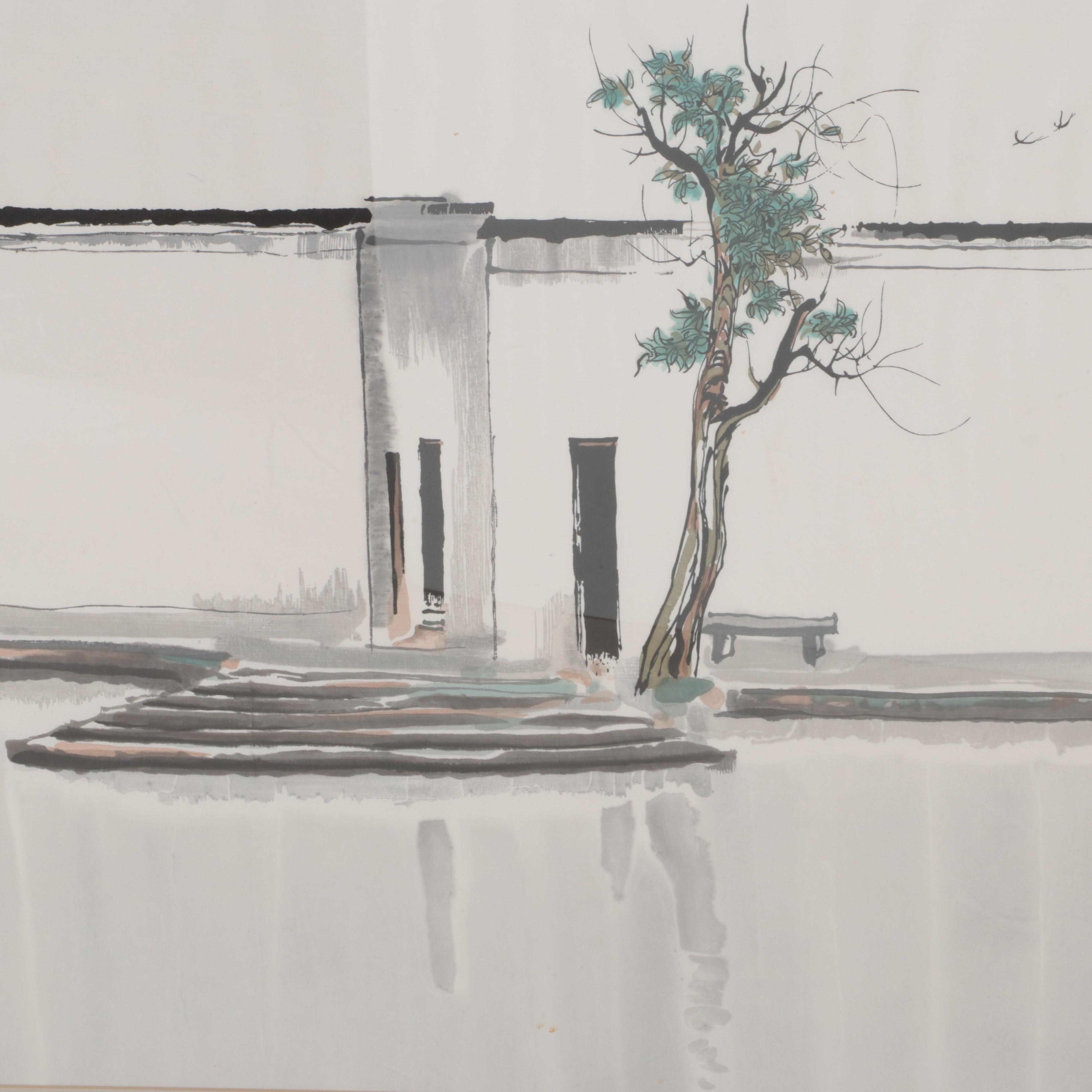 Embellished Woodblock After Wu Guanzhong "Two Swallows," Circa 1981