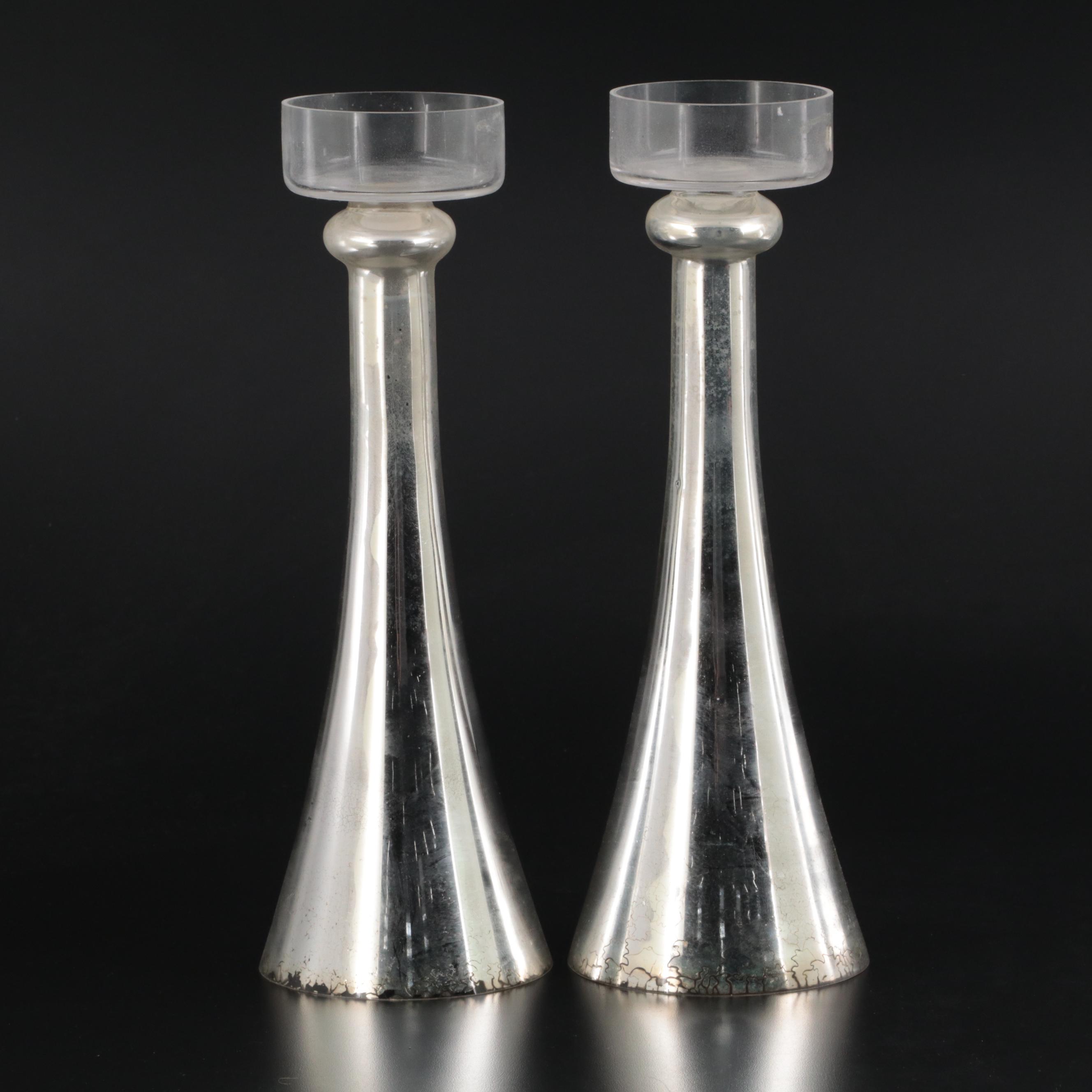 Modernist Style Blown Mercury Glass Candle Holders
