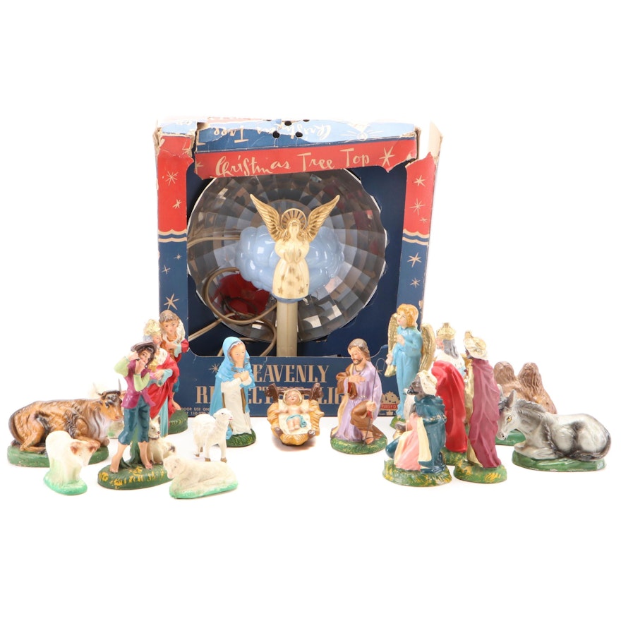 Papier-Mâché and Chalkware Nativity Figurines, Electric Tree Topper, Mid-20th C