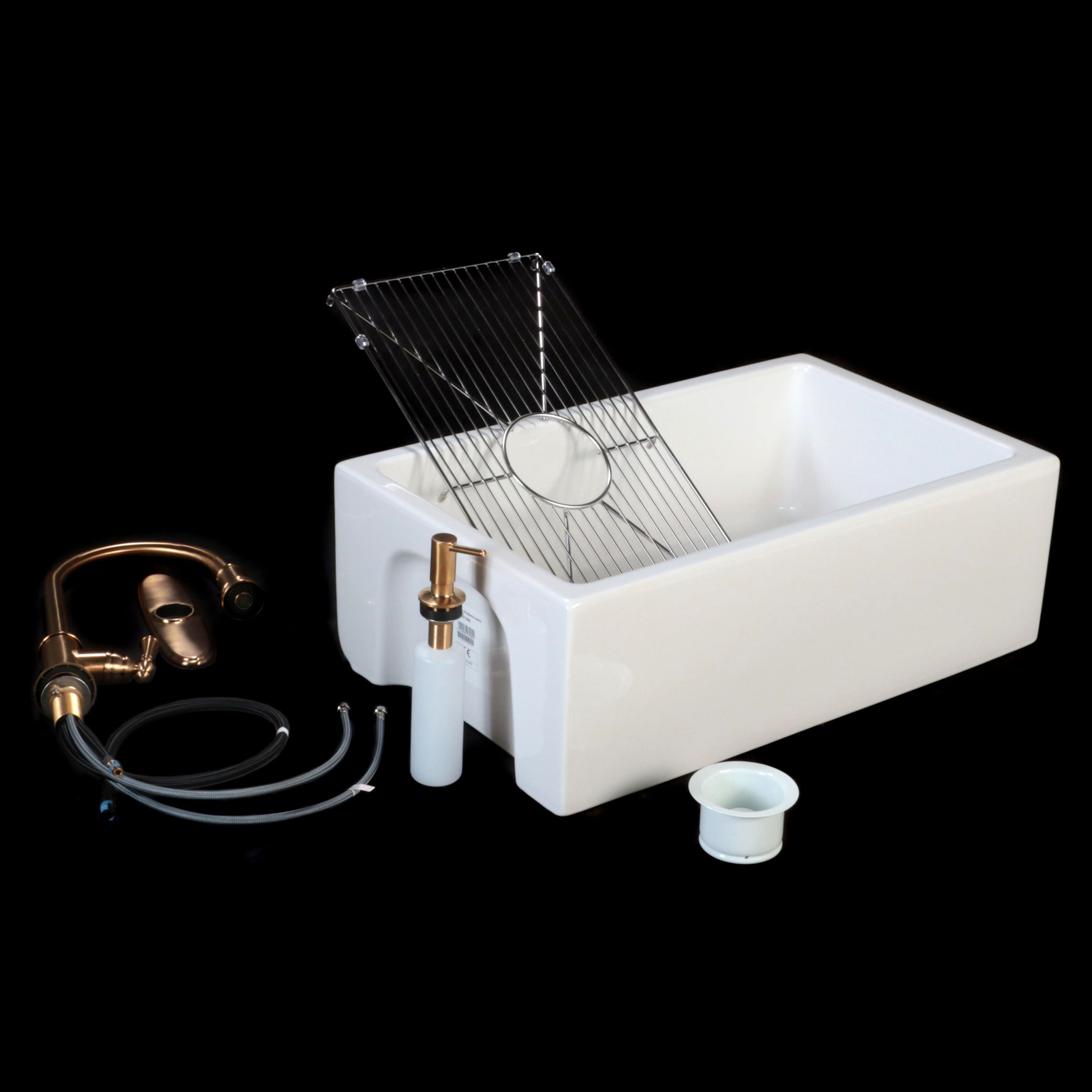 30" White Fireclay Farmhouse Sink with Pull-Down Kitchen Faucet, Soap Dispenser