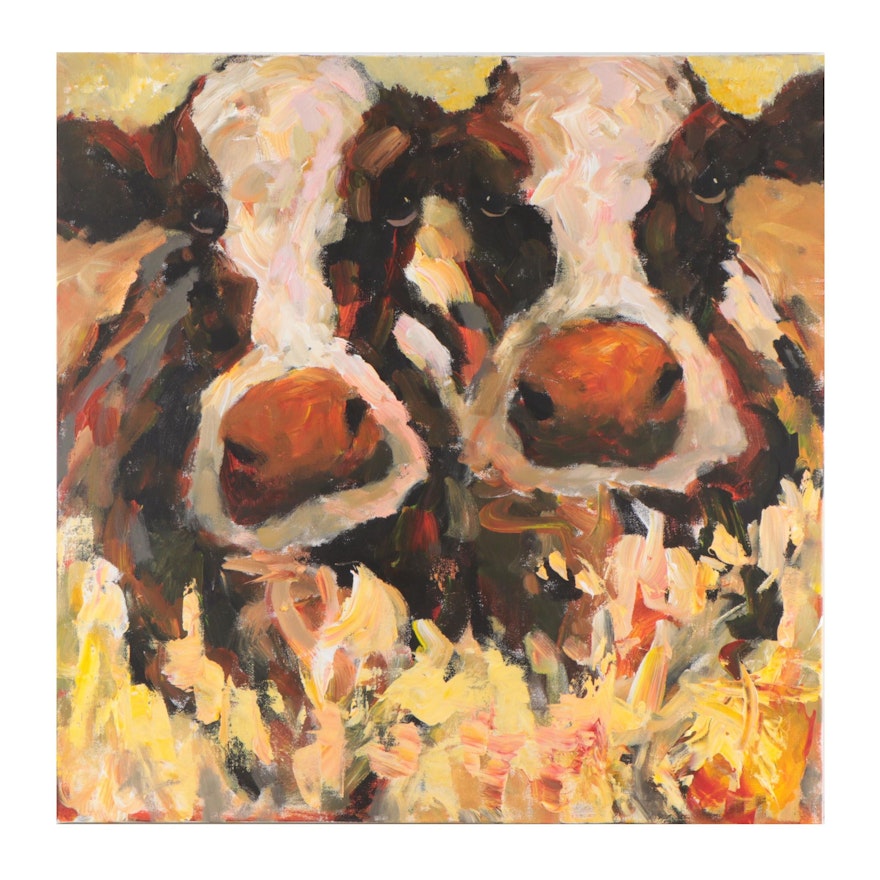 Elle Raines Acrylic Painting of Cows, 21st Century