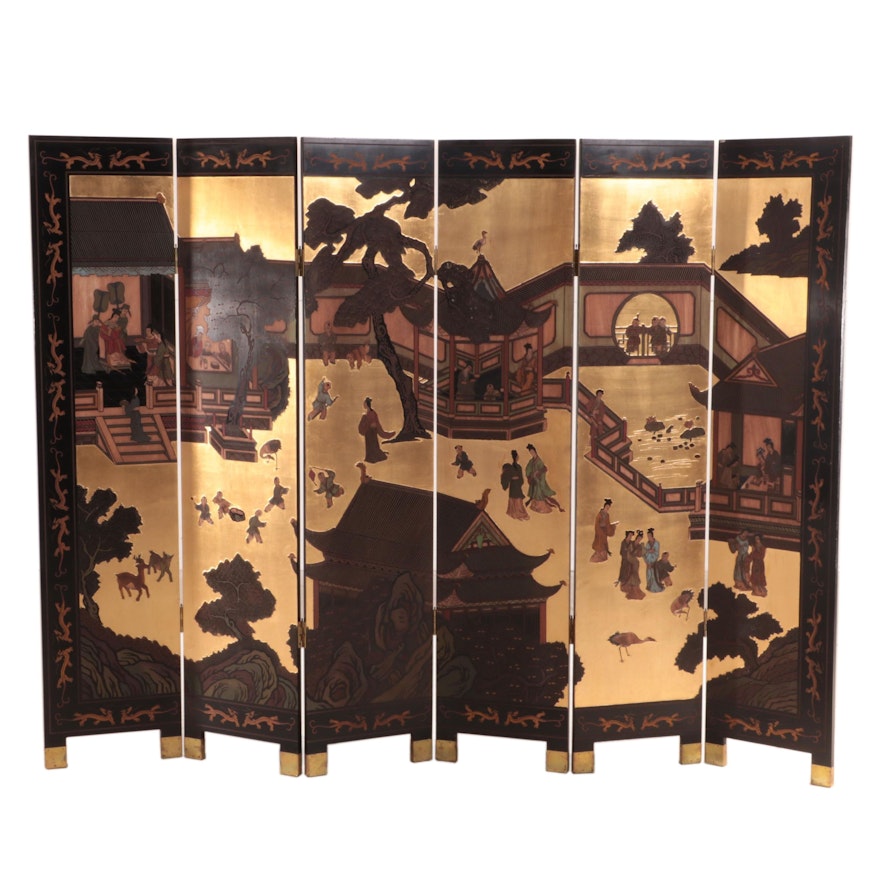 Chinese Carved Lacquered Six-Panel Coromandel Screen