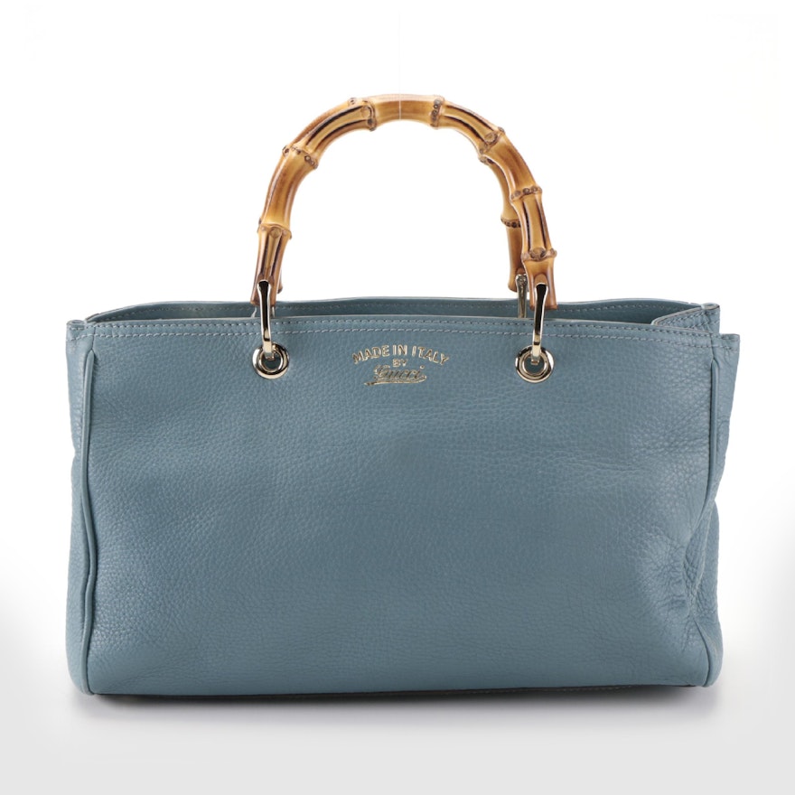 Gucci Bamboo Two-Way Bag in Blue Grained Leather