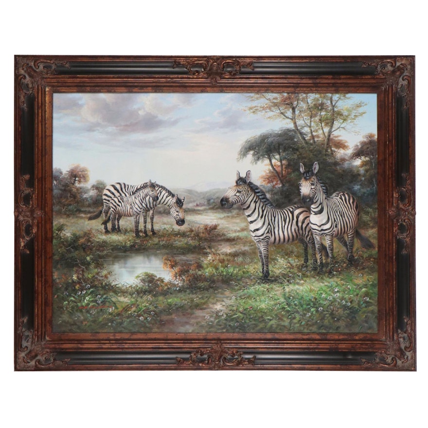 M.P. Elliott Oil Painting of Zebras in Landscape