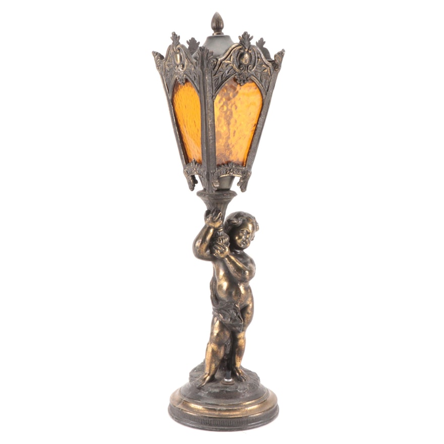 Gilt Cast Metal with Colored Glass Putti Table Lamp