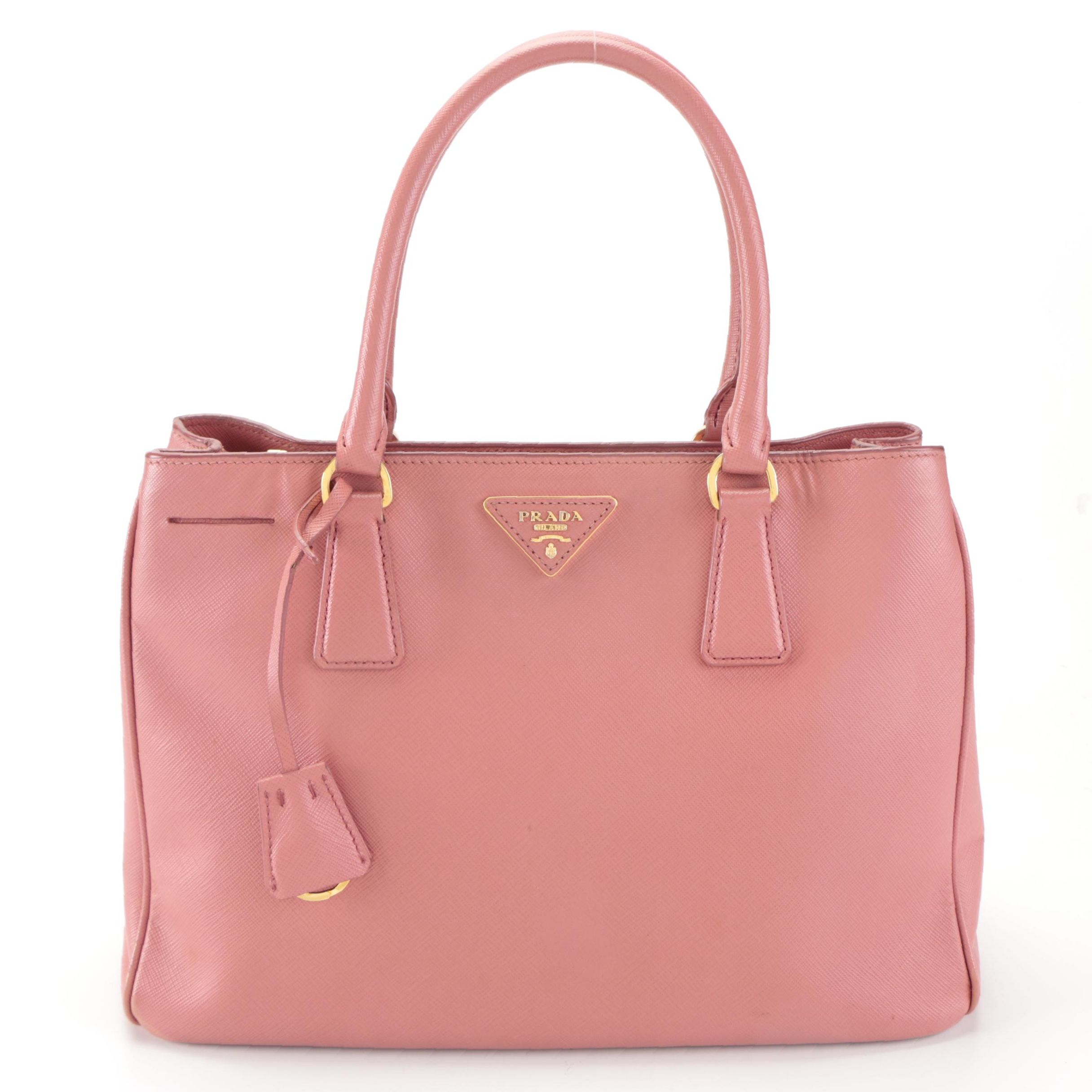 Prada Small Double Zip Tote Bag in Pink Saffiano Leather