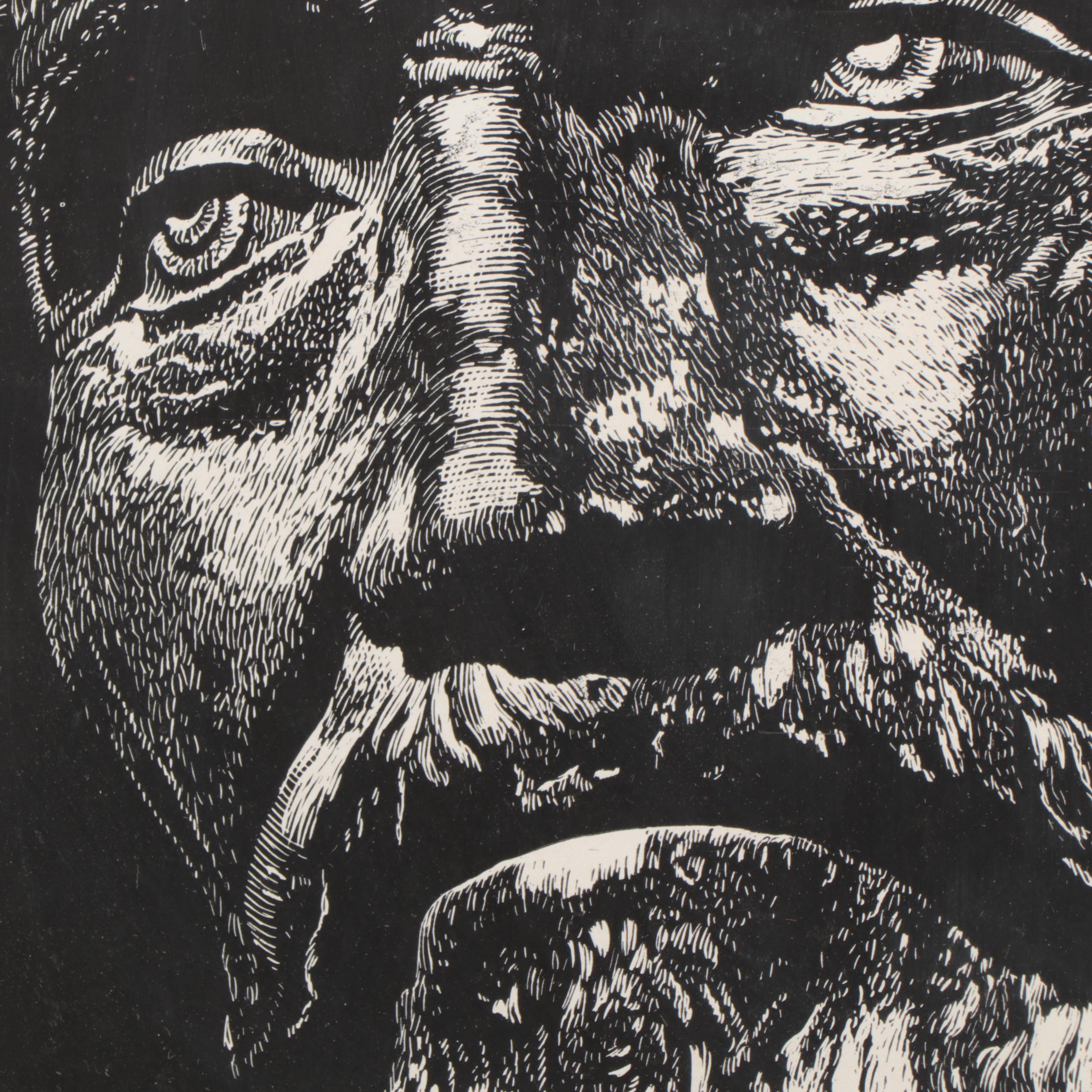 Wood Engraving "Michelangelo from Death Mask"