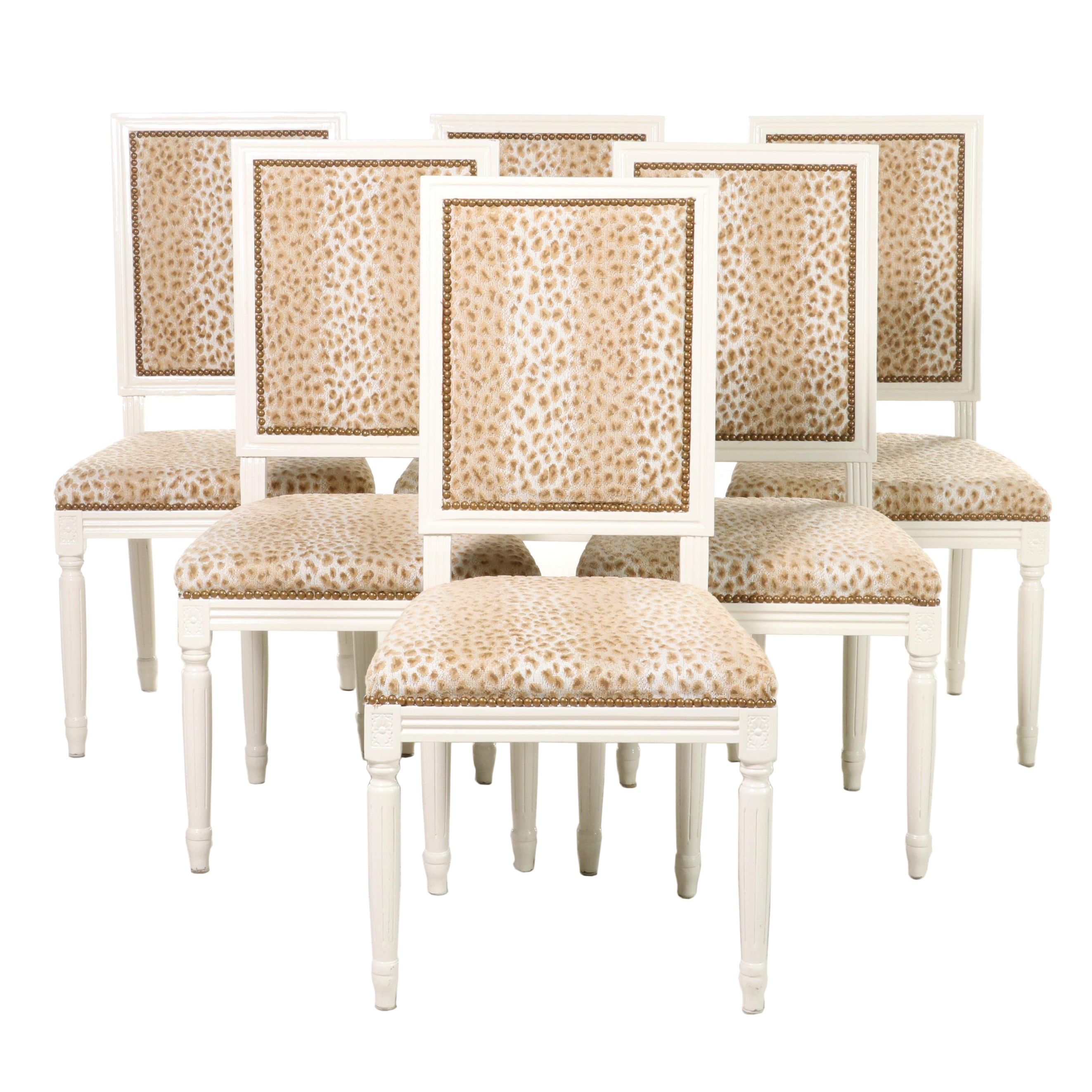 Six Louis XVI Style White-Painted Side Chairs in Cowtan & Tout Ocelot Upholstery