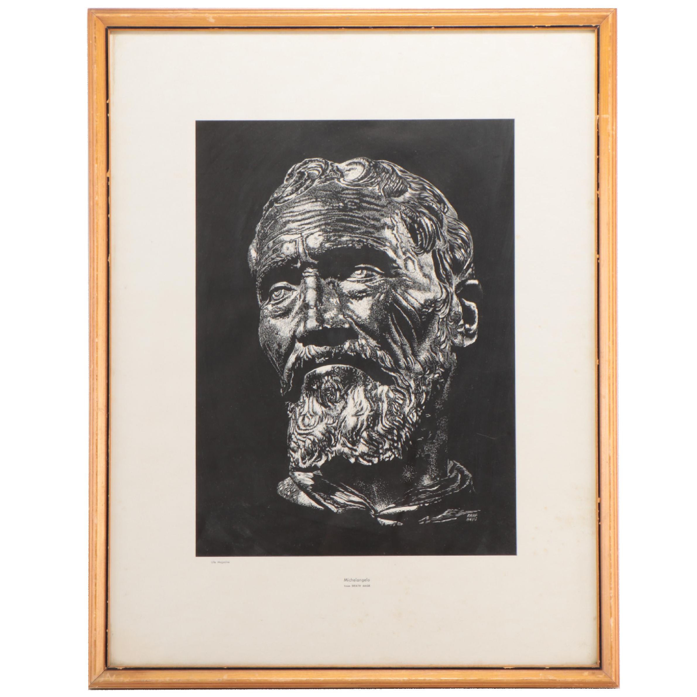 Wood Engraving "Michelangelo from Death Mask"