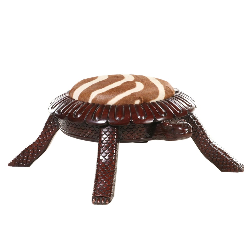 Carved Figural Tortoise Ottoman Upholstered in Zebra-Patterned Cowhide