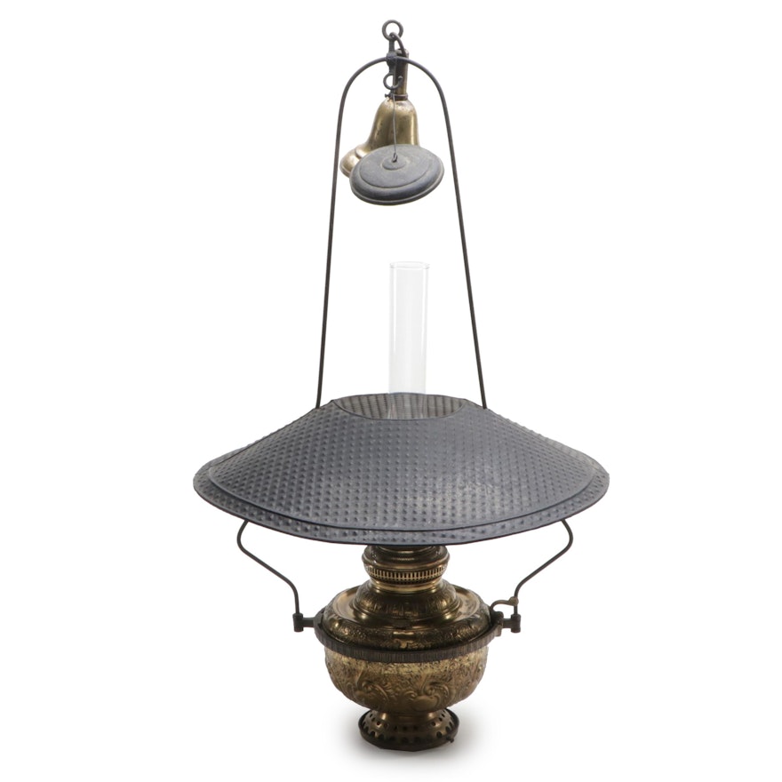 Victorian Meriden Co. "The Meteor Lamp" Brass Pendant Oil Lamp, Late 19th C