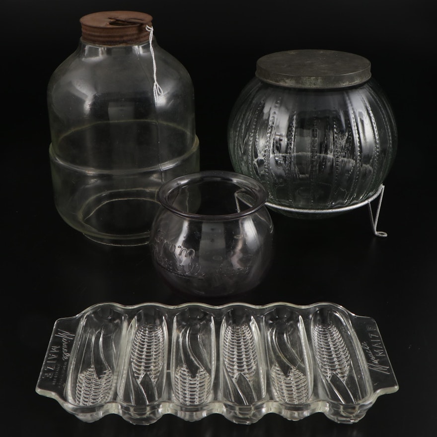 Miracle Maize Glass Cornbread Dish and Other Glass Jars and Stand