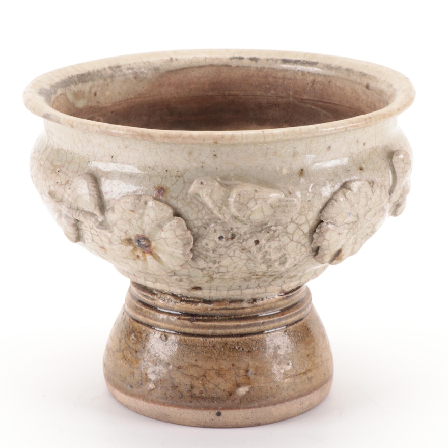Southeast Asian Crackle Glaze Pedestal Bowl With Applied Decoration