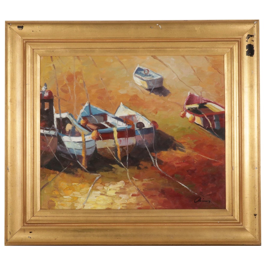 Oil Painting of Moored Boats, Late 20th-21st Century