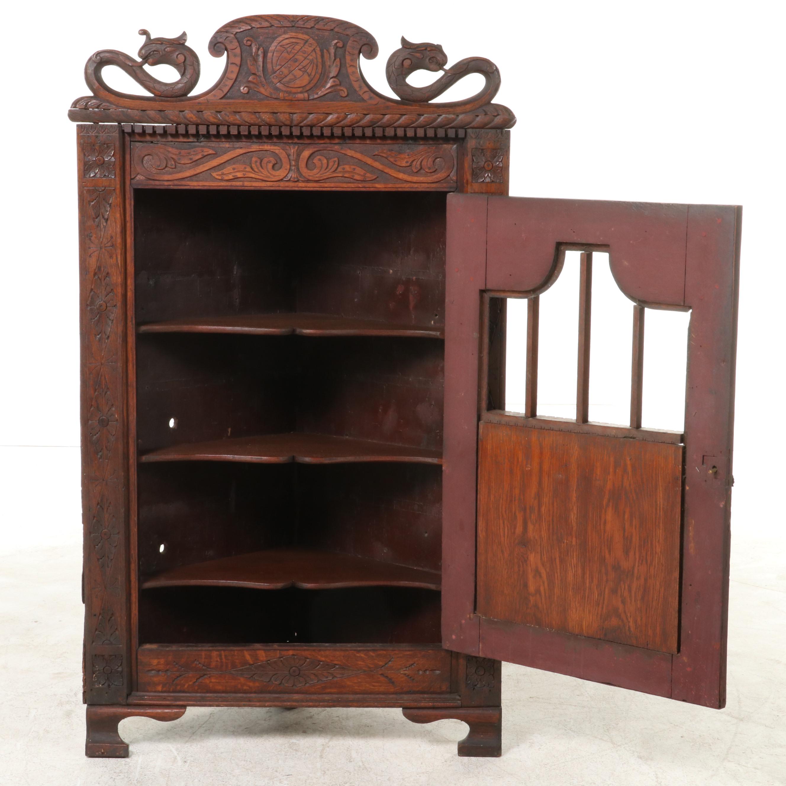 Renaissance Style Carved Oak Corner Cabinet, Early 20th Century