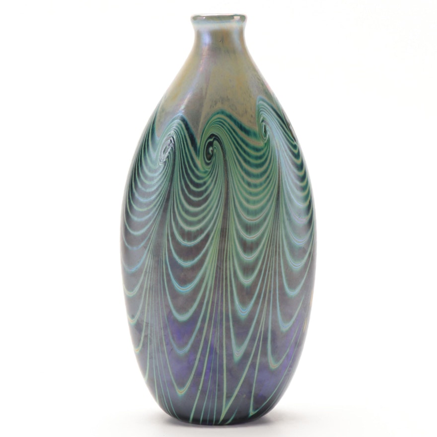 Stephen Fellerman Iridescent Pulled Feather Art Glass Vase, 1984