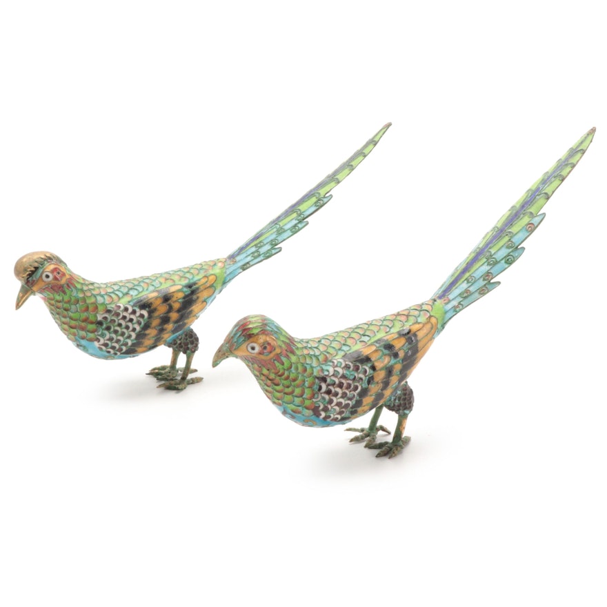 Pair of Chinese Champleve  Enamel Pheasants