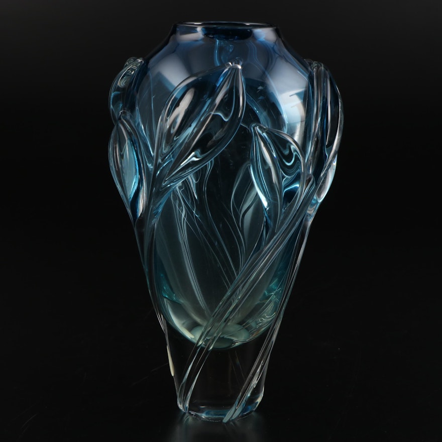 William Glasner Blue to Clear with Applied Leaf Studio Art Glass, 1984