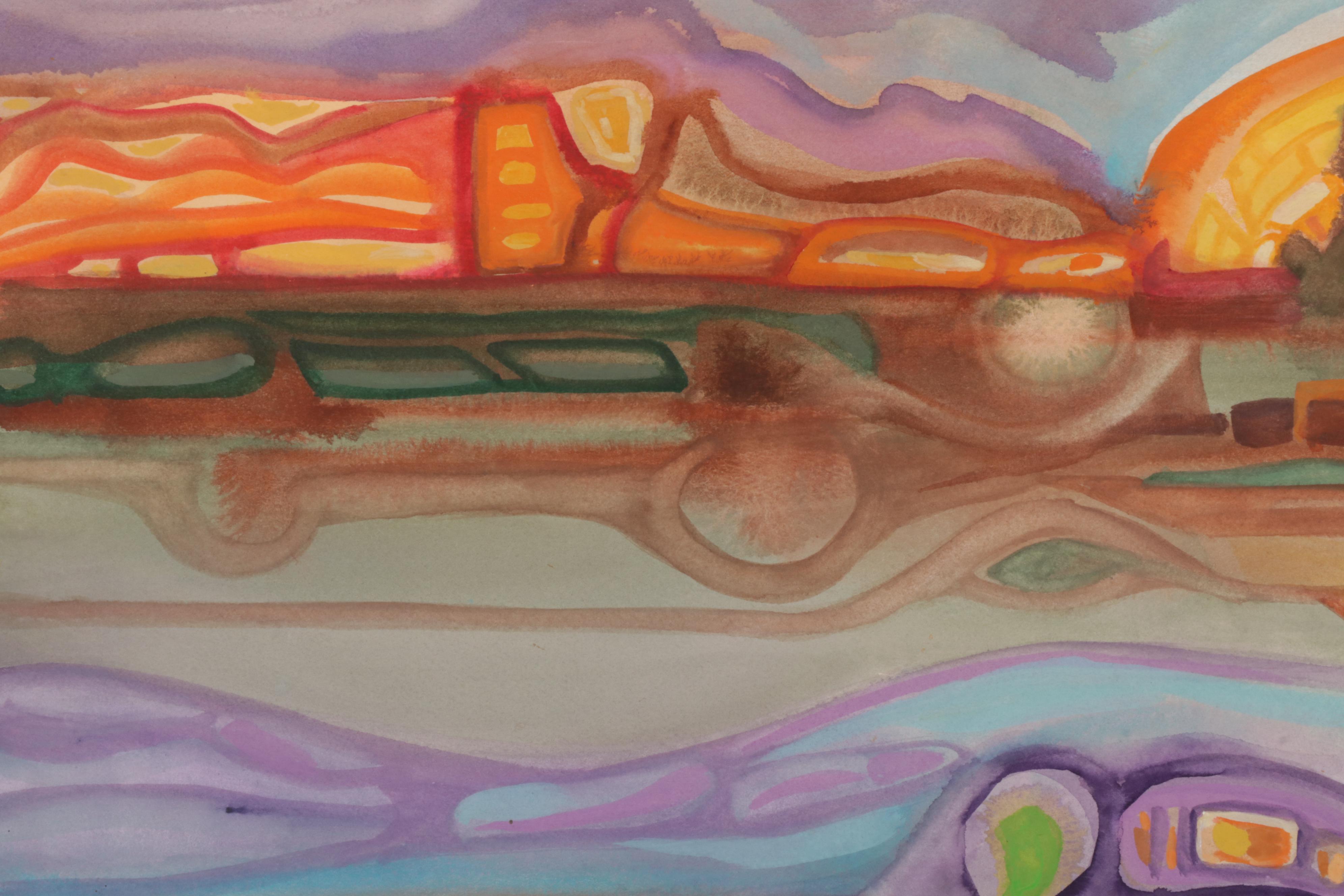 Phiris Sickels Abstract Cityscape Watercolor Painting, 21st Century