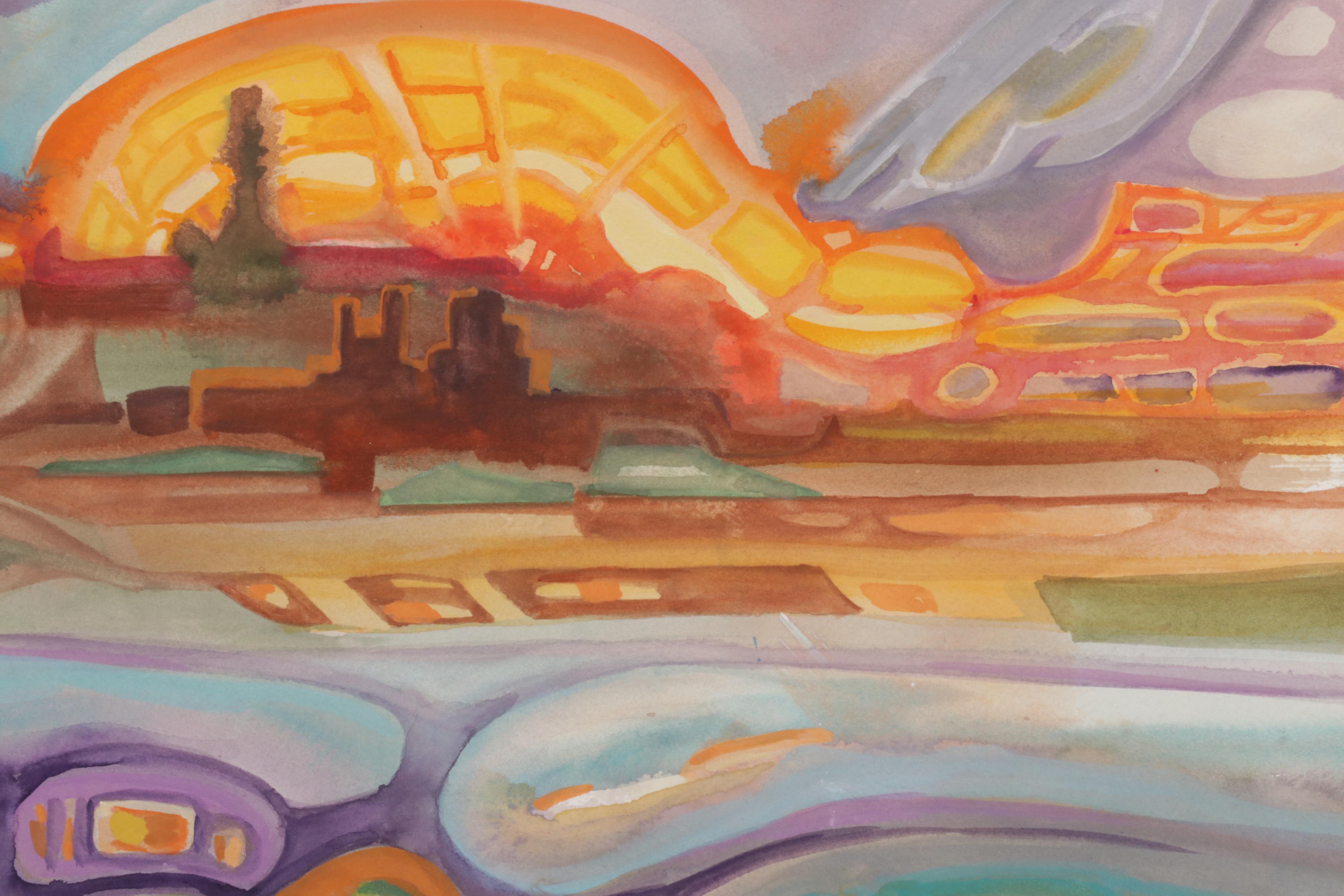 Phiris Sickels Abstract Cityscape Watercolor Painting, 21st Century