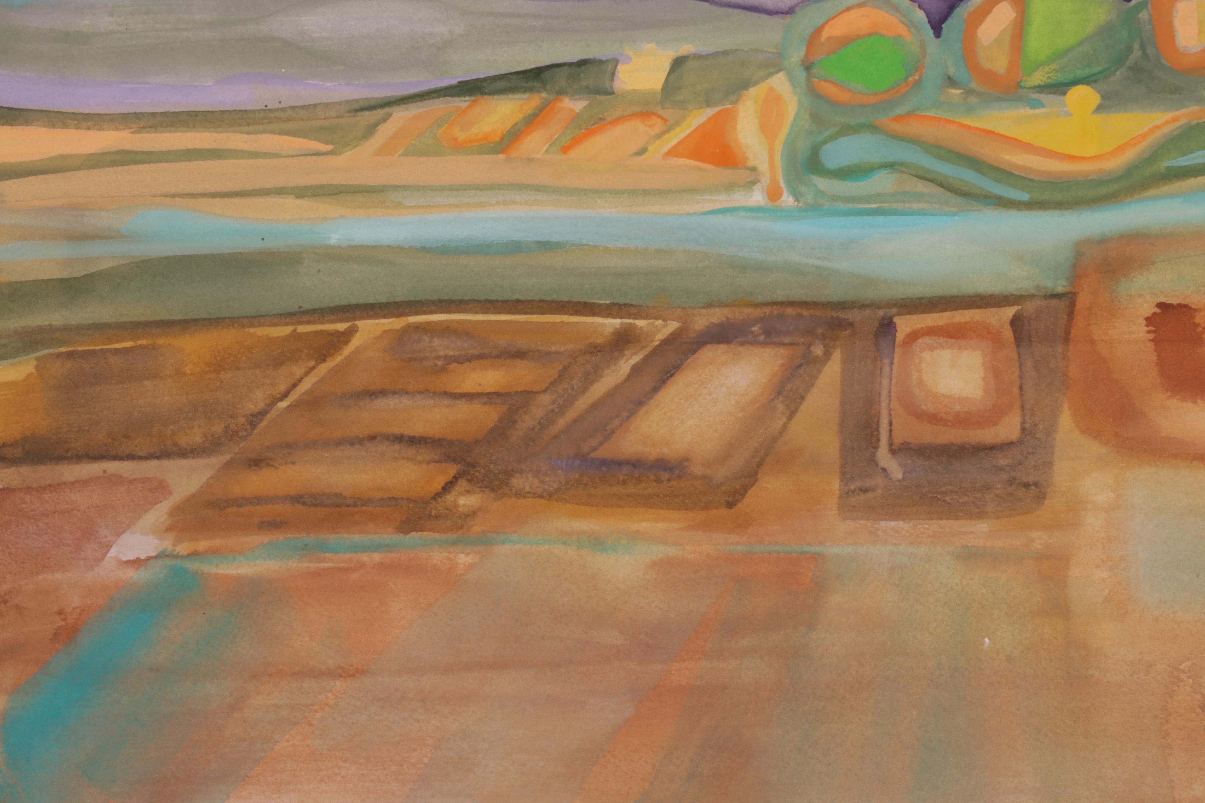 Phiris Sickels Abstract Cityscape Watercolor Painting, 21st Century