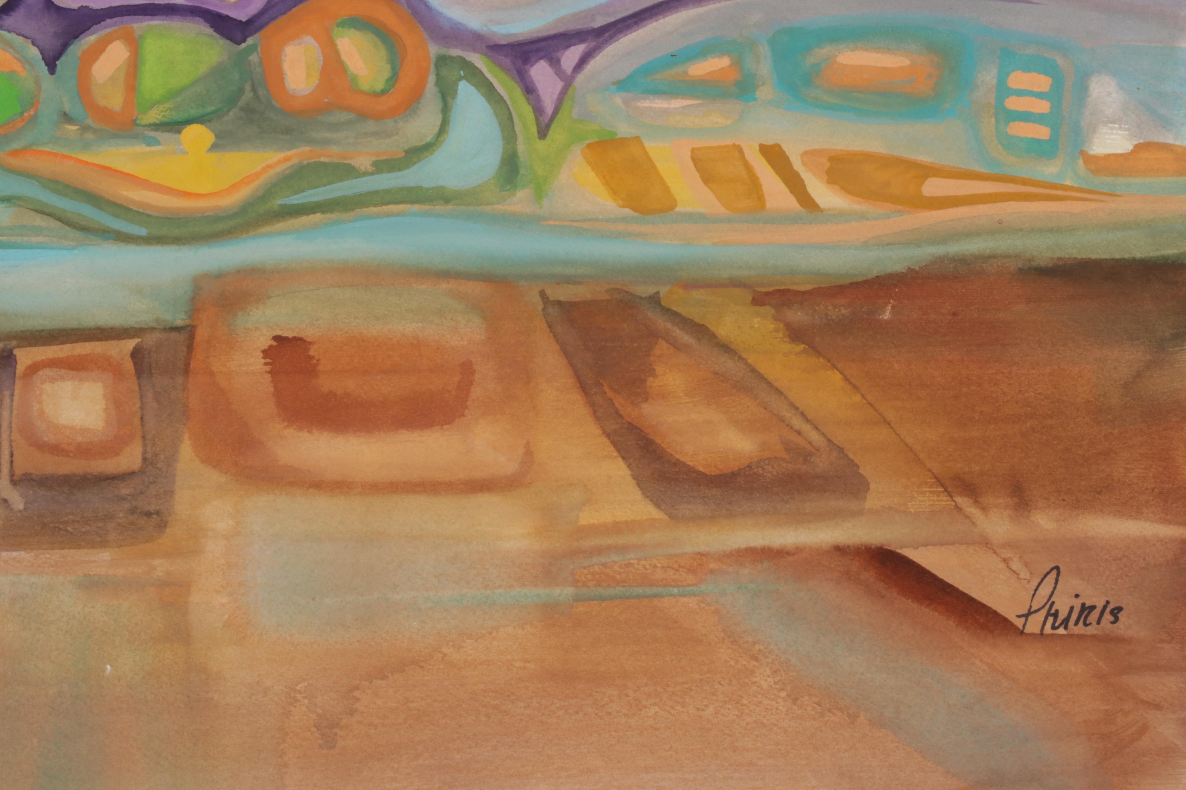 Phiris Sickels Abstract Cityscape Watercolor Painting, 21st Century