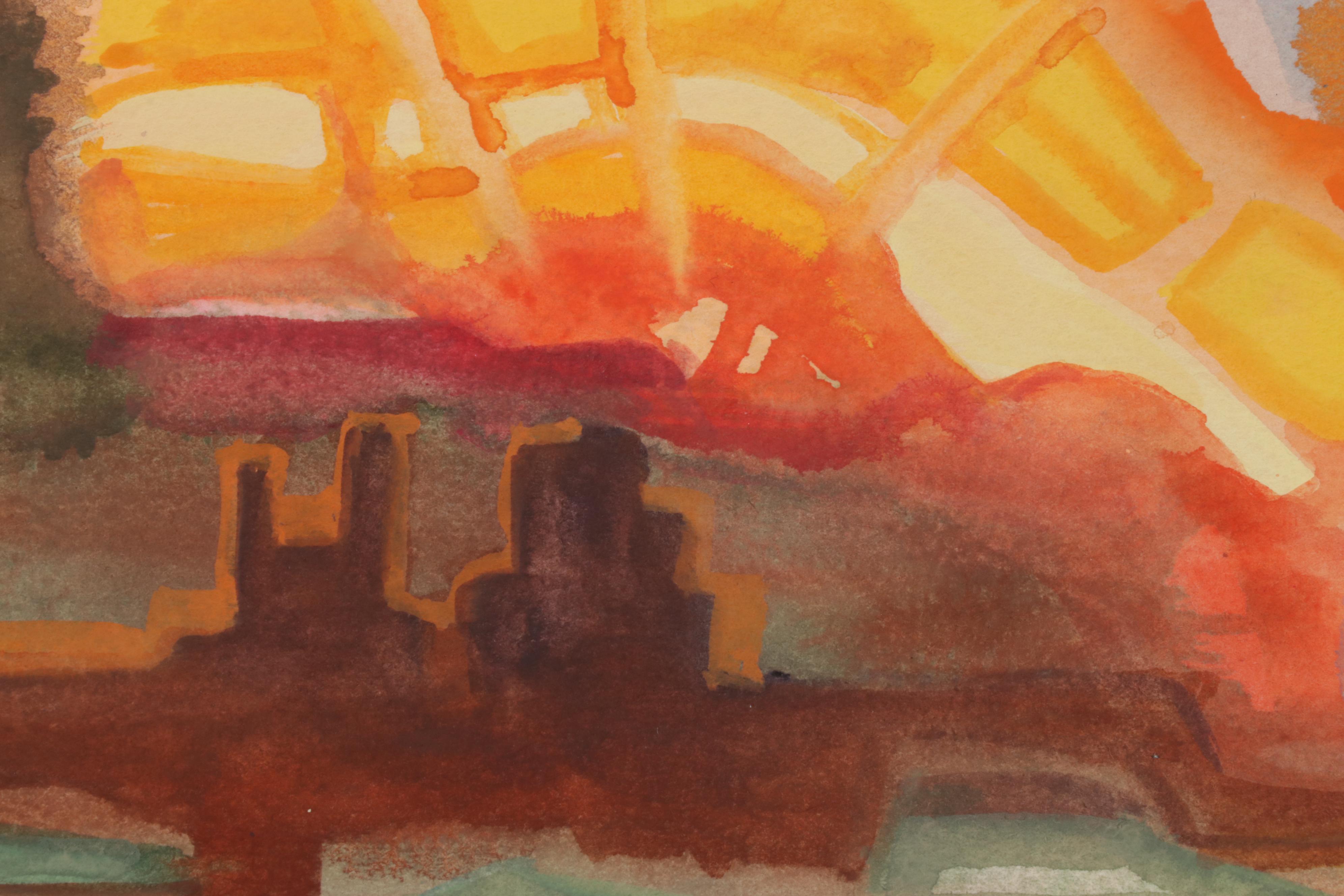 Phiris Sickels Abstract Cityscape Watercolor Painting, 21st Century