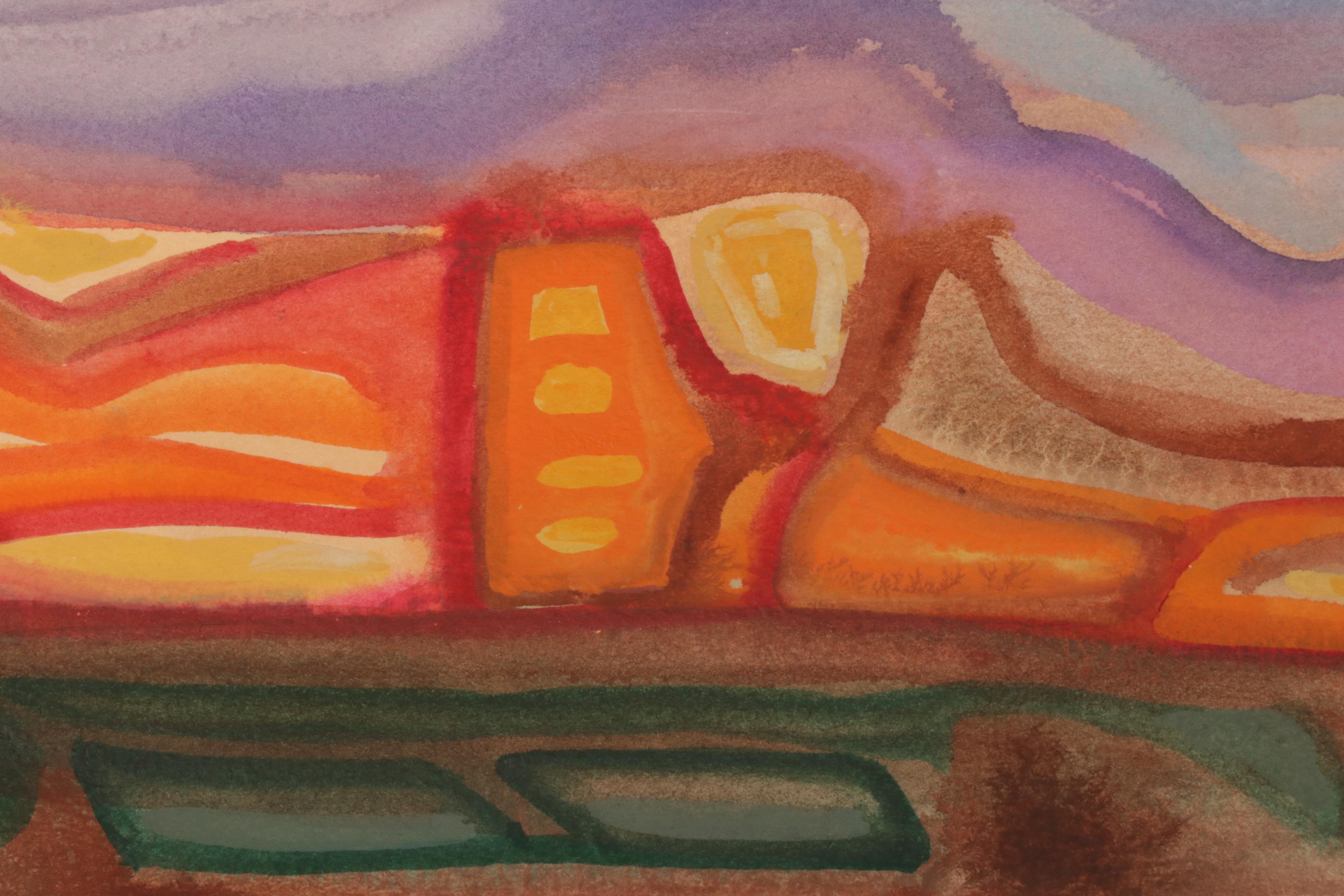 Phiris Sickels Abstract Cityscape Watercolor Painting, 21st Century