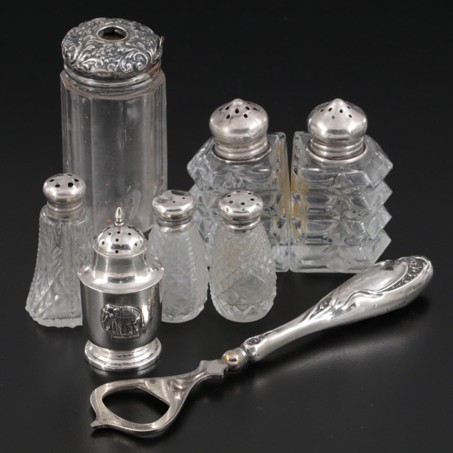 Sterling and Glass Shakers and Powder Jar with Sterling Handled Bottle Opener