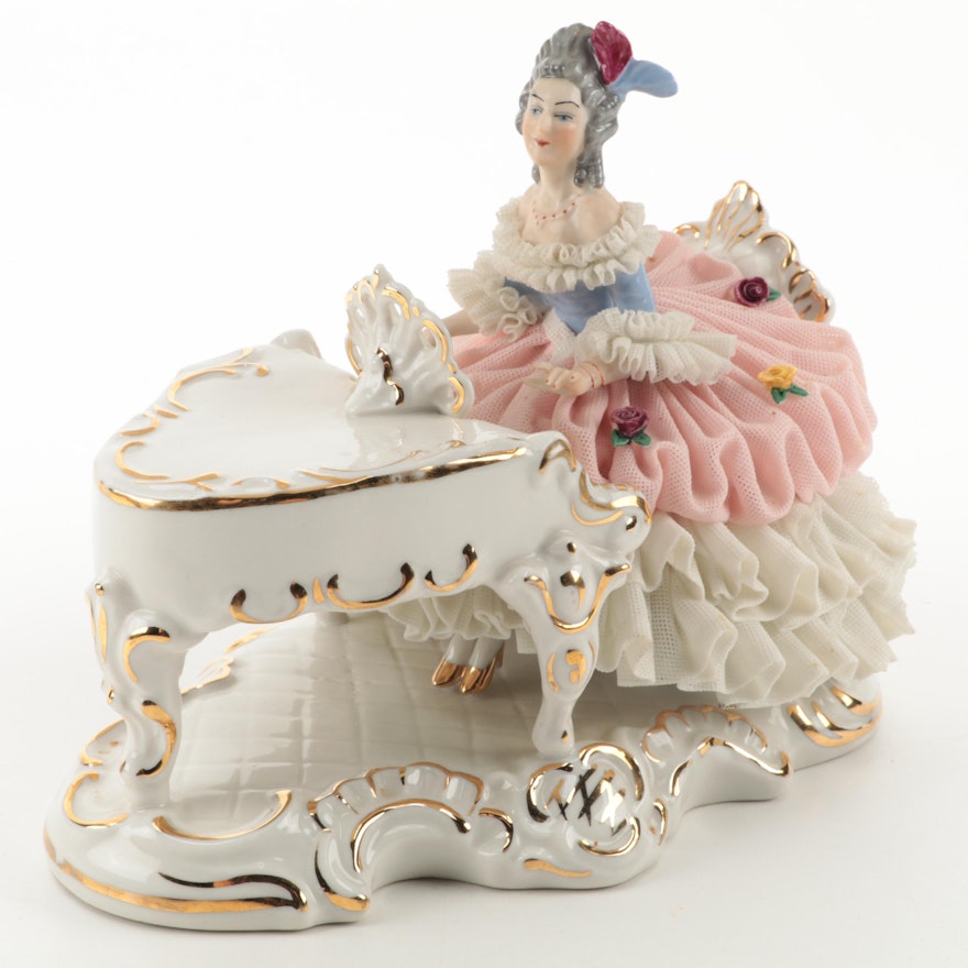 Karl Klette German Dresden Lace Piano Lady Porcelain Figurine