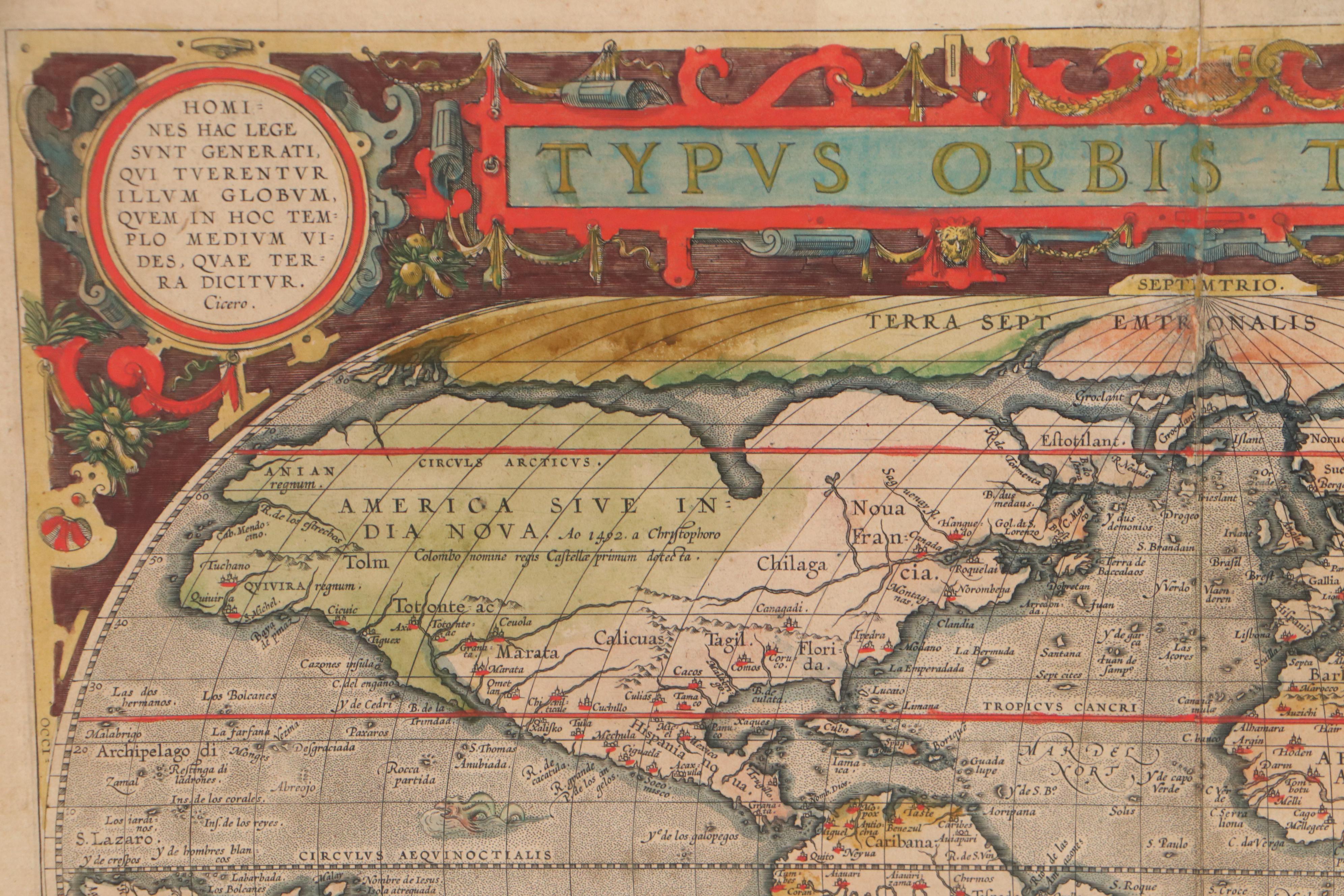 Abraham Ortelius Hand-Colored Engraving World Map, 1595