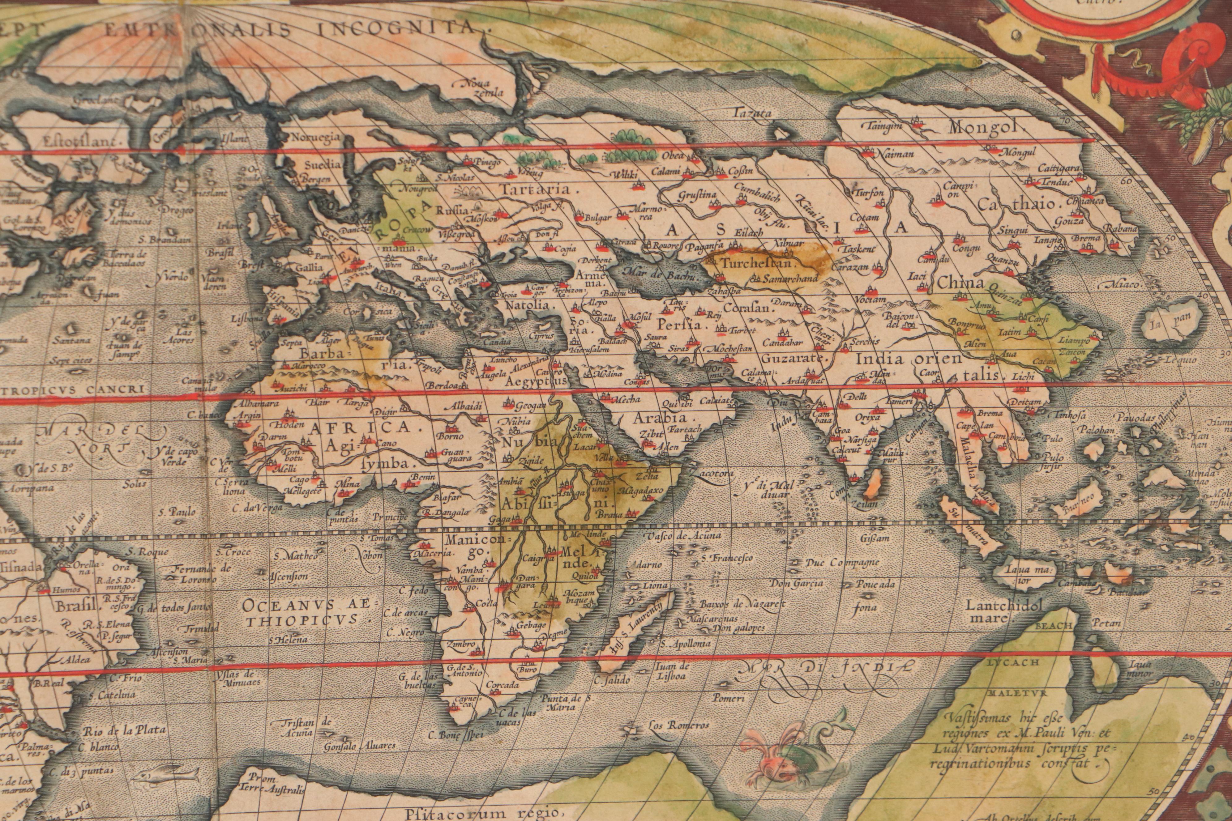 Abraham Ortelius Hand-Colored Engraving World Map, 1595