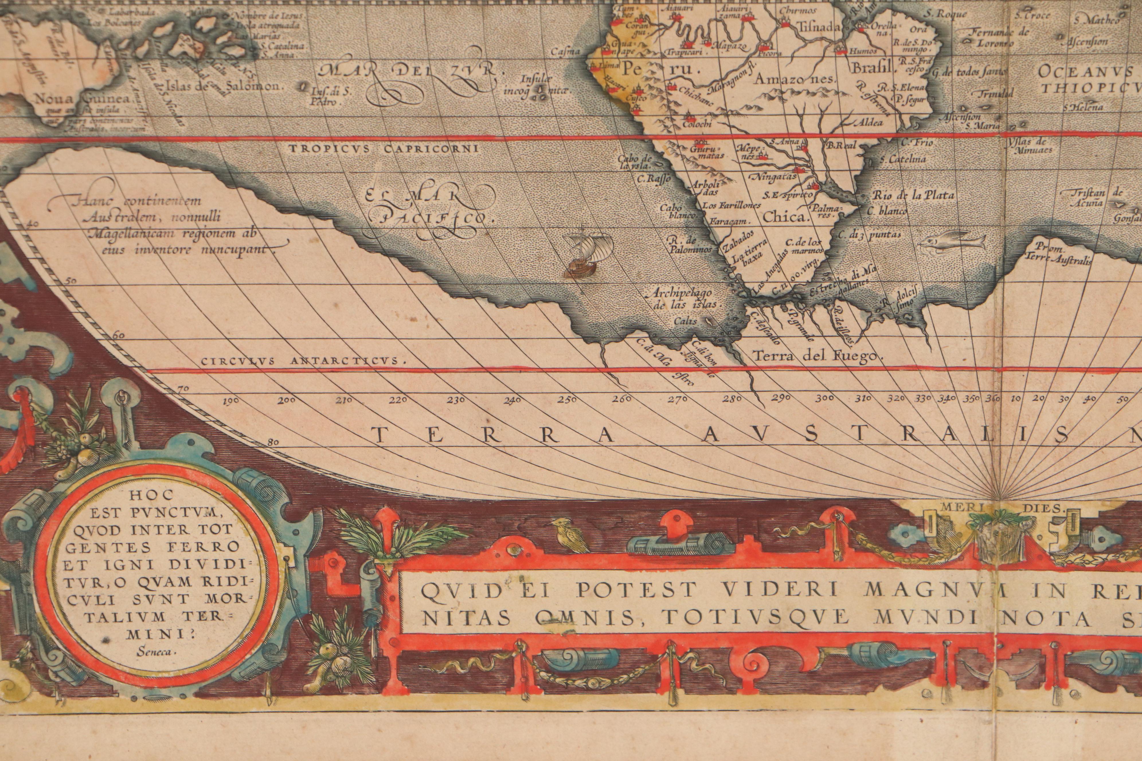 Abraham Ortelius Hand-Colored Engraving World Map, 1595