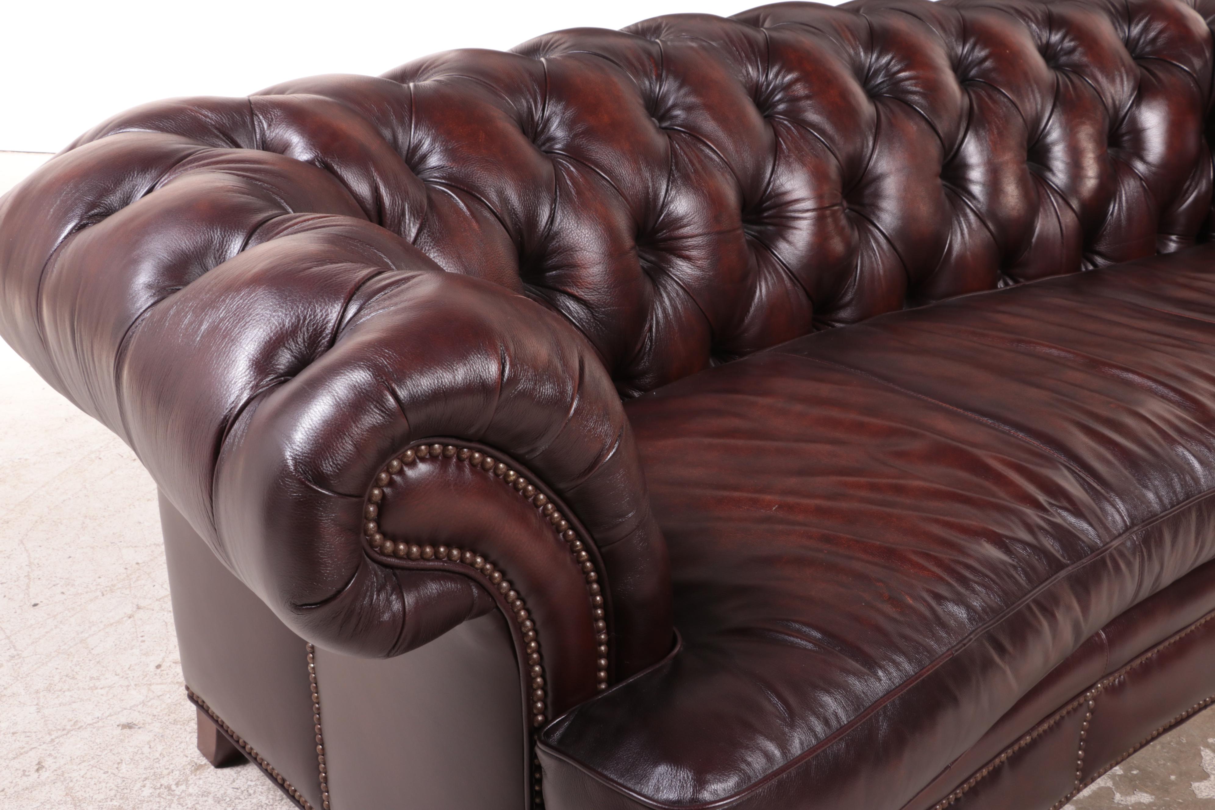 Randall Allan Fine Furniture Brown Leather and Brass-Tacked Chesterfield Sofa