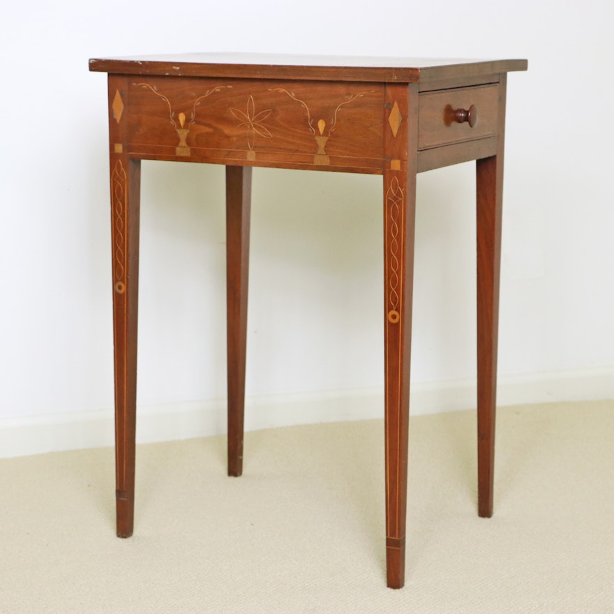 American Primitive Pine and Marquetry Side Table, 19th Century