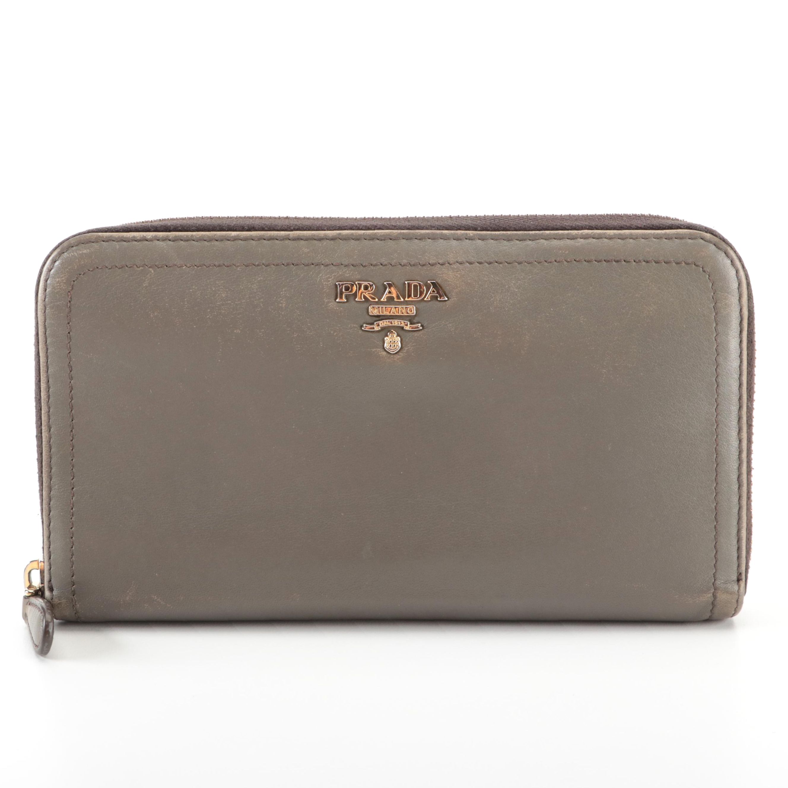 Prada Zip-Around Wallet in Bambu Taupe Calfskin with Box