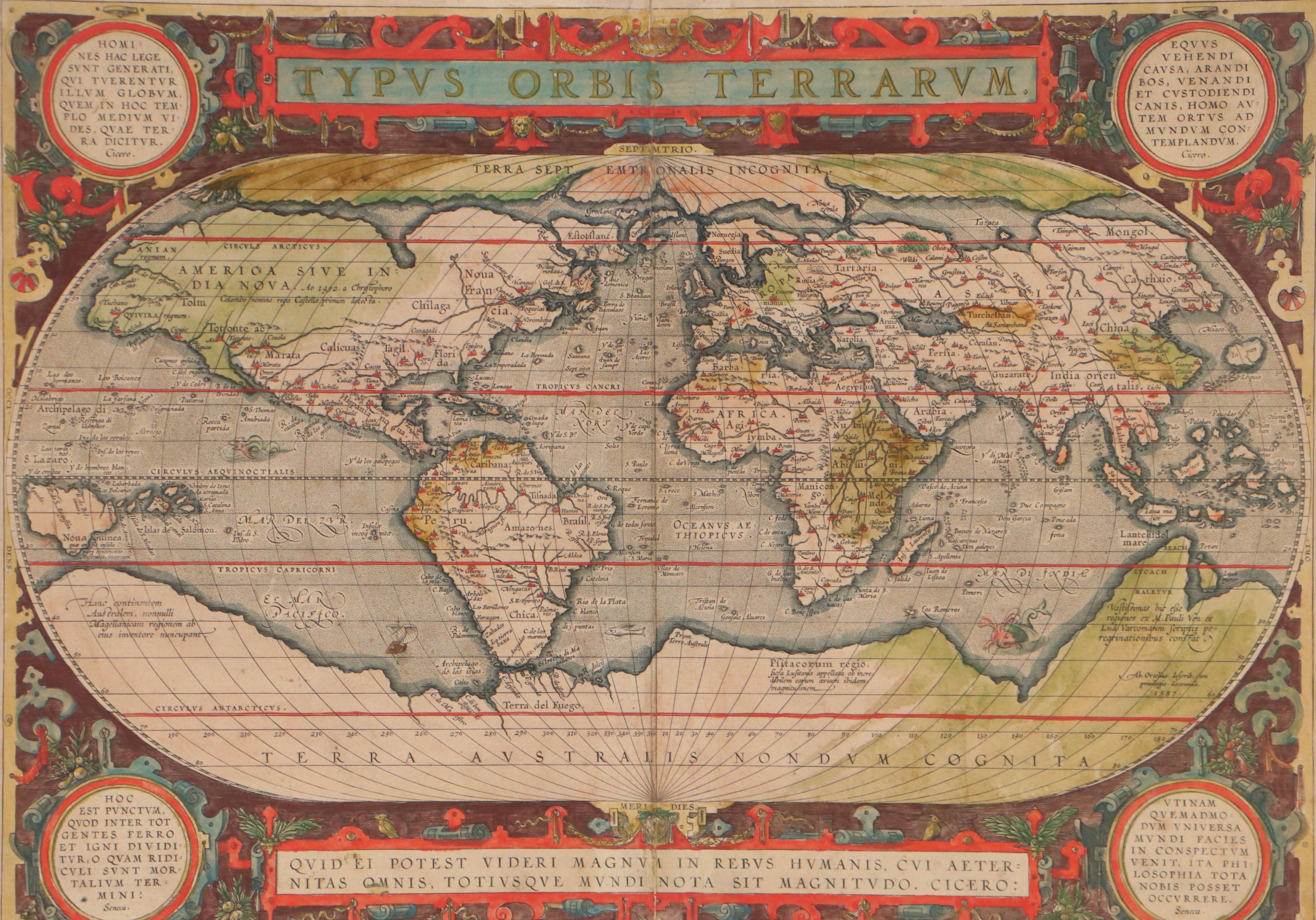 Abraham Ortelius Hand-Colored Engraving World Map, 1595