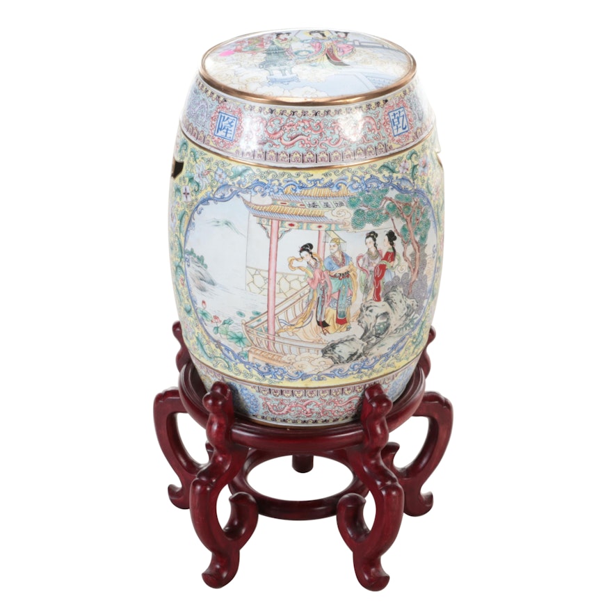 Chinese Famille Jaune Porcelain Garden Seat with Brass Banding on Stand