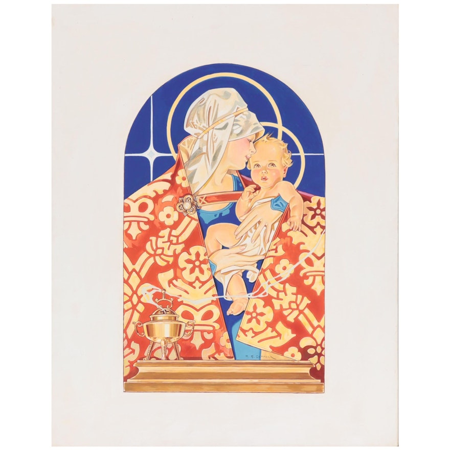 Ted E. Schrock Gouache Illustration of Madonna and Child, Circa 1940