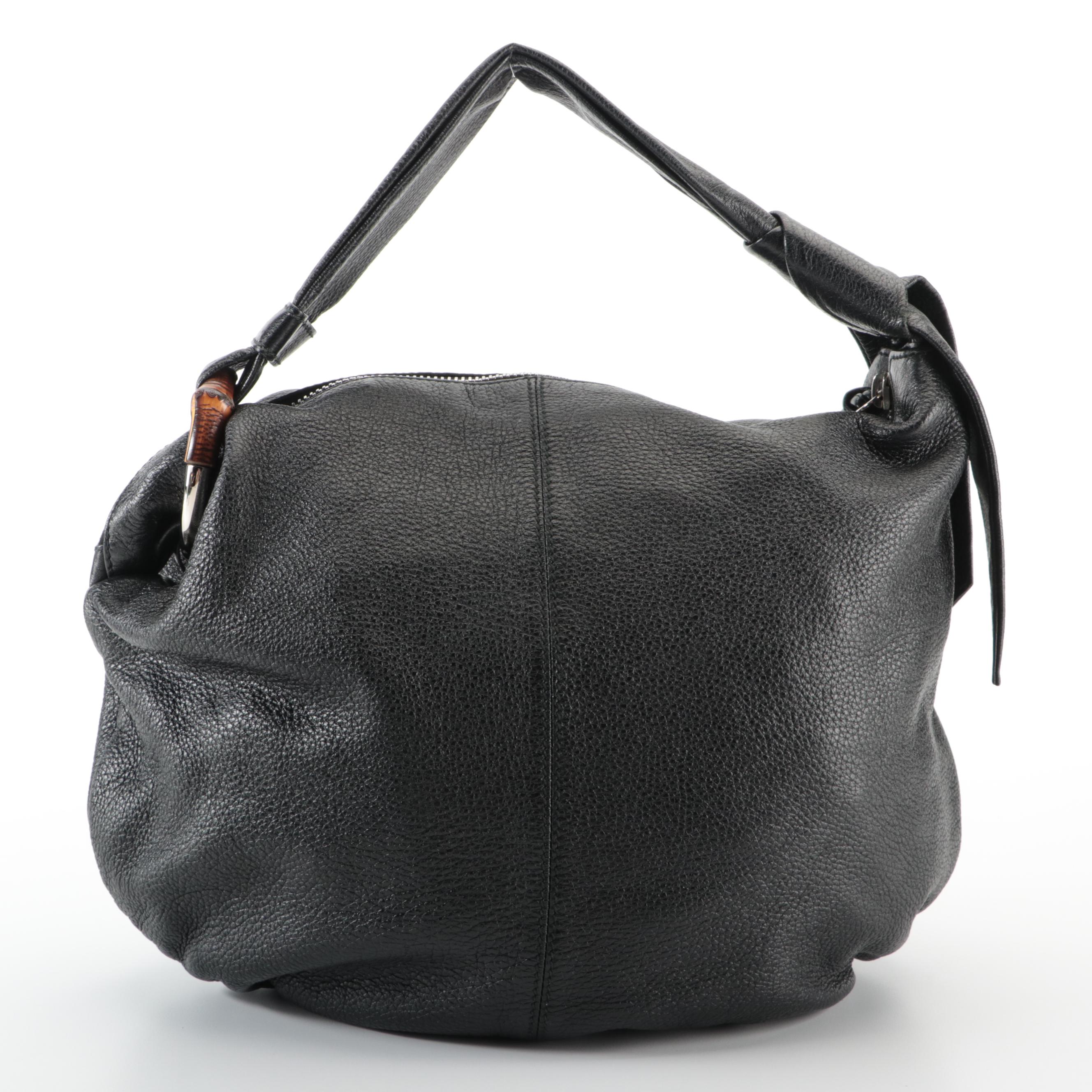 Gucci Bamboo Hobo Bag in Black Pebbled Leather with Tassel