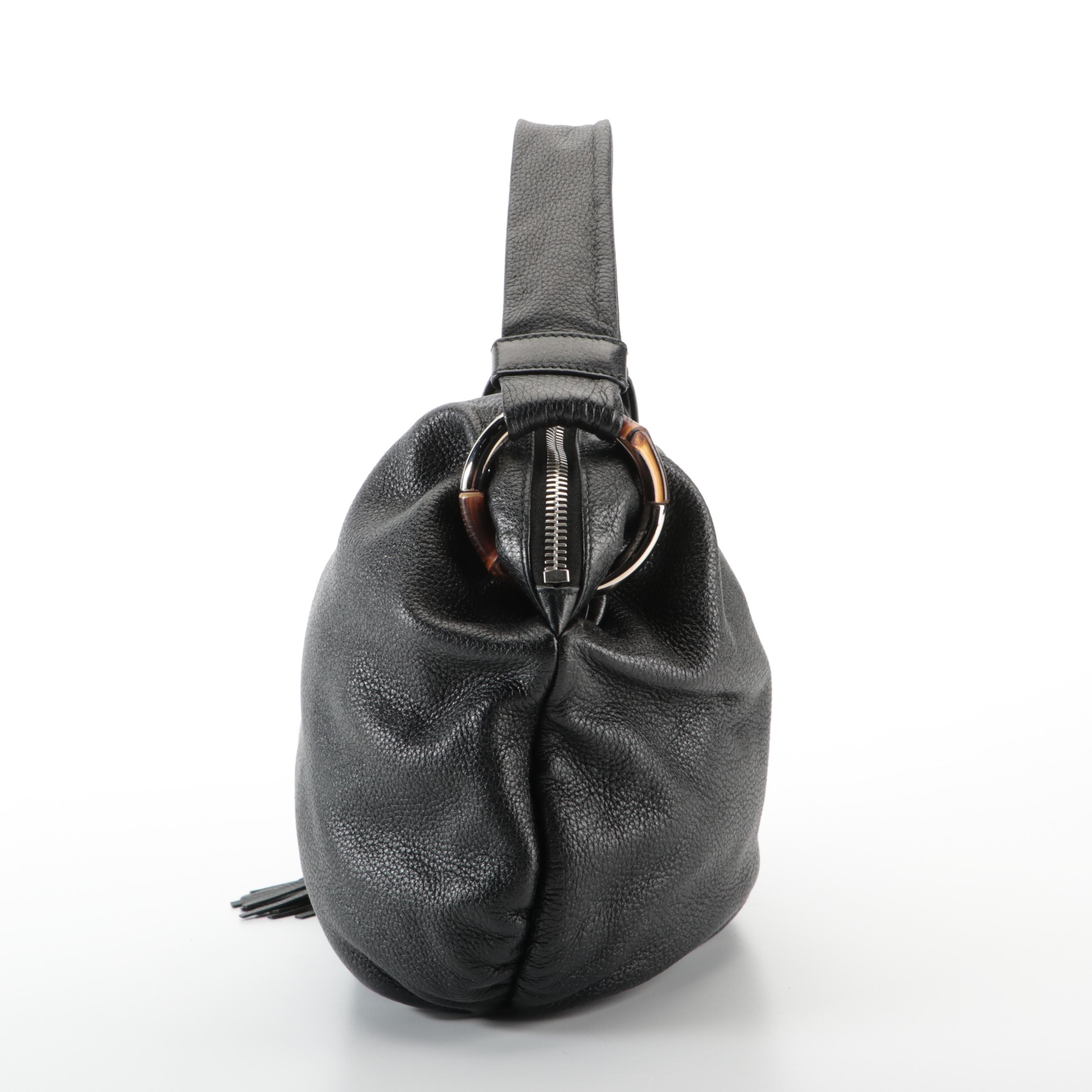 Gucci Bamboo Hobo Bag in Black Pebbled Leather with Tassel