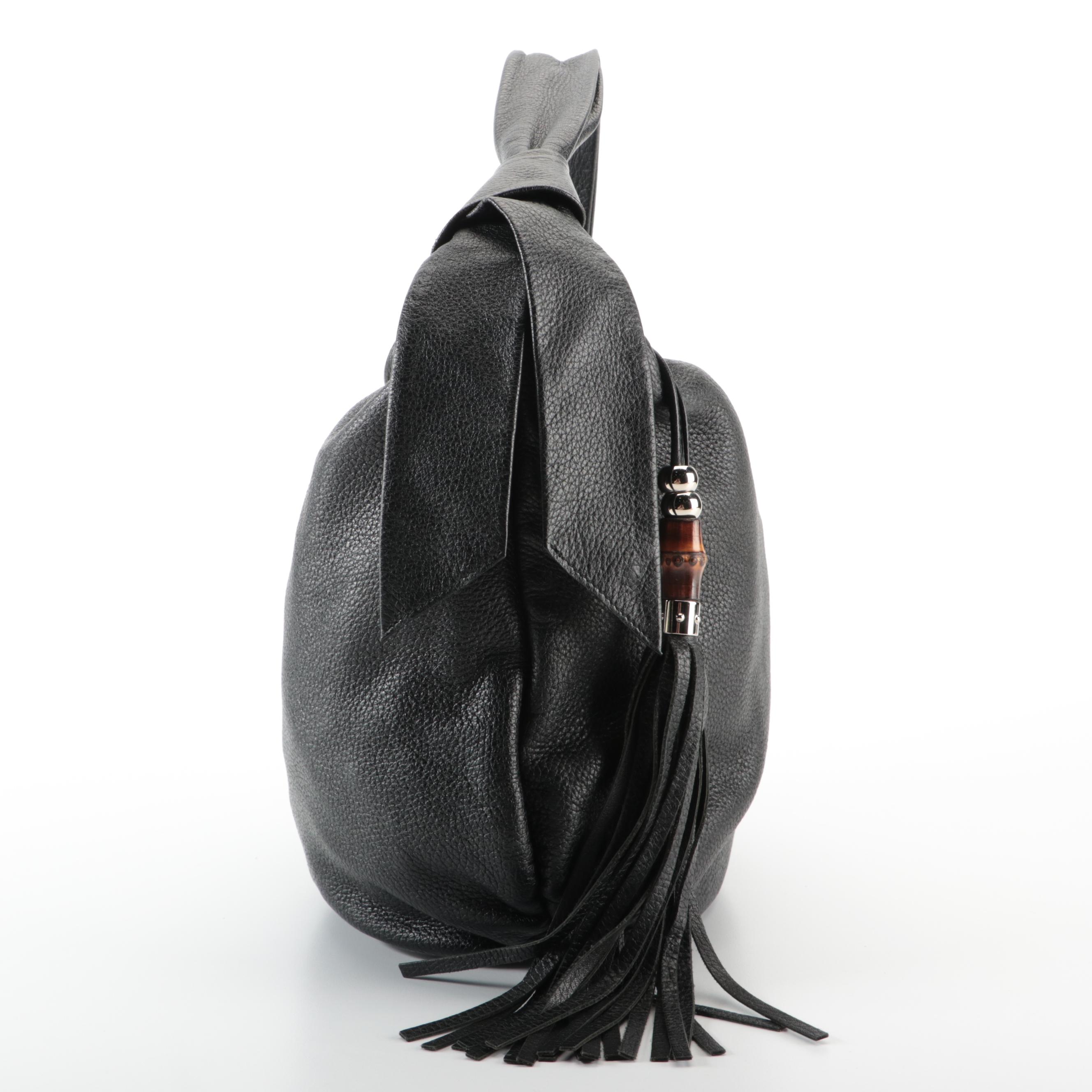 Gucci Bamboo Hobo Bag in Black Pebbled Leather with Tassel