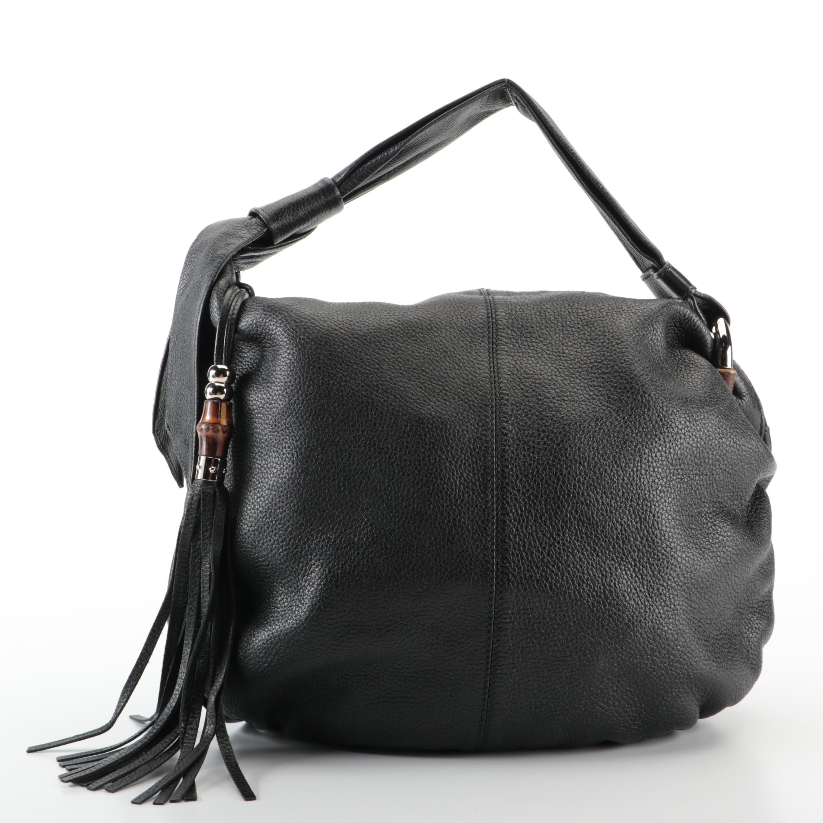 Gucci Bamboo Hobo Bag in Black Pebbled Leather with Tassel