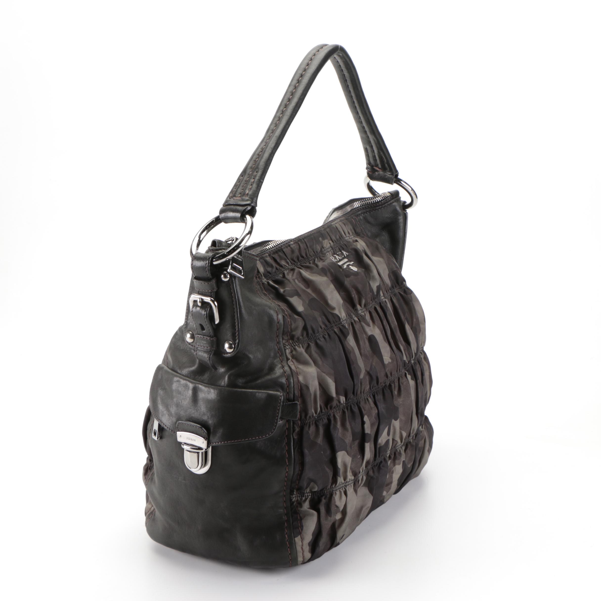 Prada Shoulder Hobo Bag in Gathered Camouflage Tessuto Nylon and Leather Trim