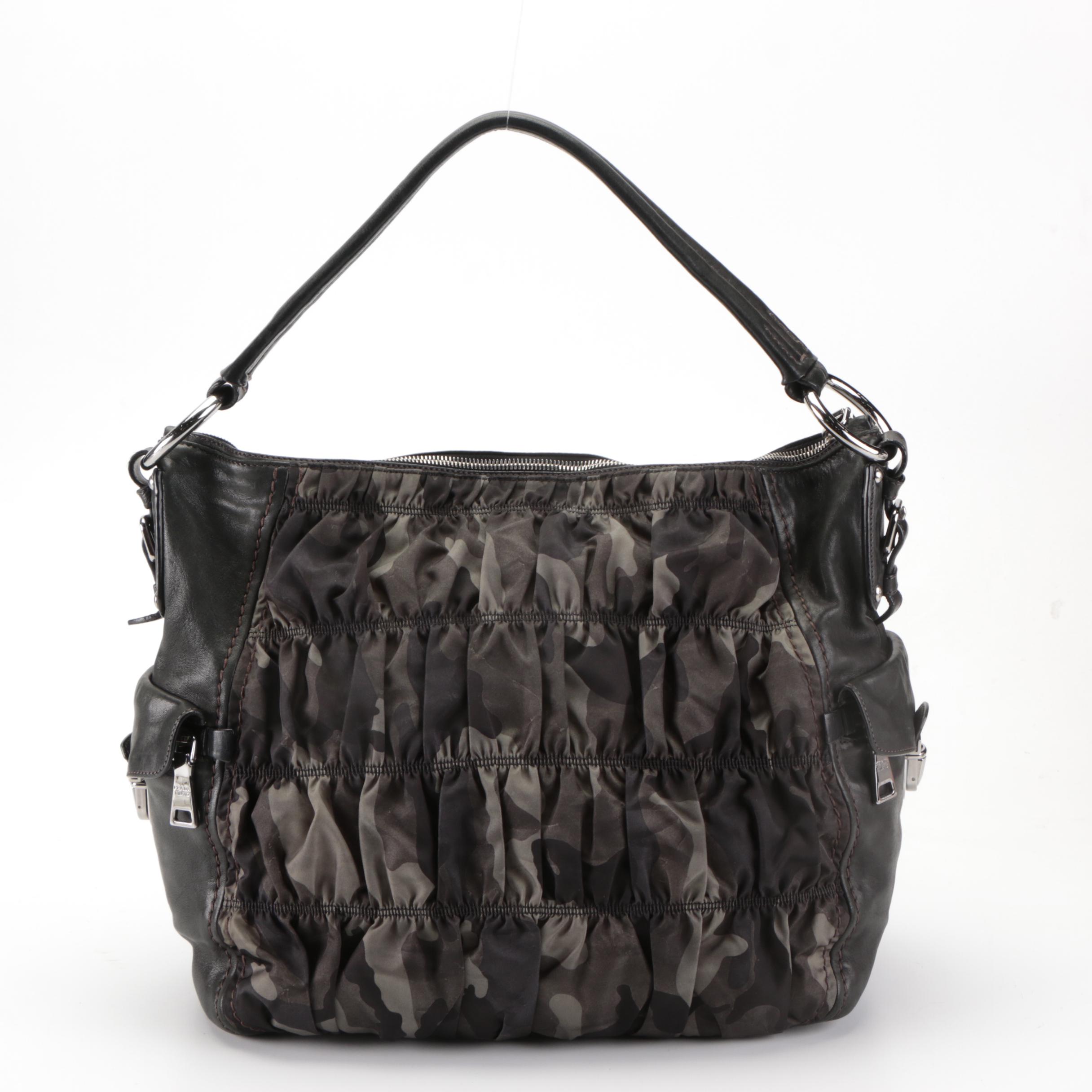 Prada Shoulder Hobo Bag in Gathered Camouflage Tessuto Nylon and Leather Trim
