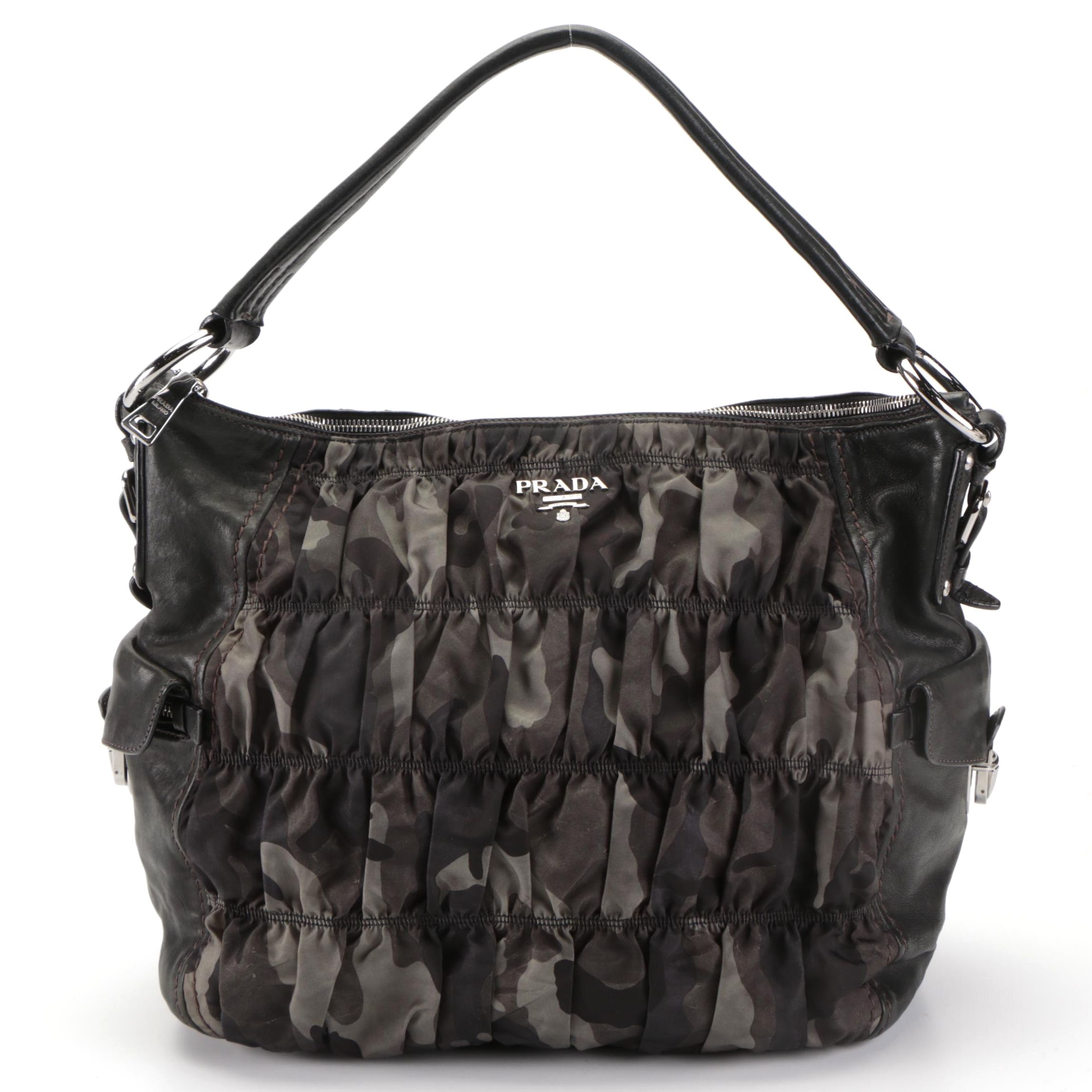Prada Shoulder Hobo Bag in Gathered Camouflage Tessuto Nylon and Leather Trim