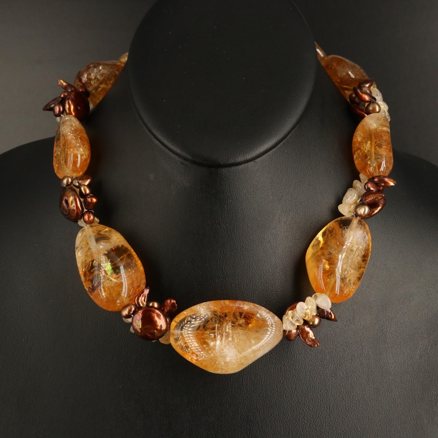 Deb Guyot Citrine, Pearl and Quartz Graduated Necklace with Sterling Clasp